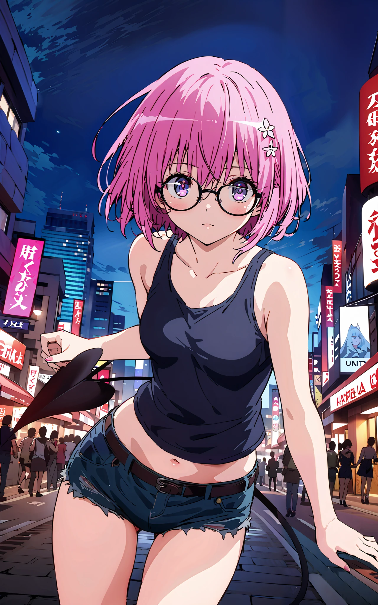 モモデbuildingケ, モモ・デbuildingーク, demon Tail, Hair Flower, hair ornaments close to the garden, purple eyes, pink hair, short hair, Medium breast,胸の谷間,Tail,riders jacket,tank top outside of anime,Underbomb,belly button sticking,Bare legs,denim micro shorts,glasses,shoes, Short Boots,standing,building,Nōn,night,full bodyがイラストに入るように,
break outdoors, Metropolis,
break looking at viewer,full body,
break (masterpiece:1.2),Highest quality , kampala, Unity 8K Wallpaper ,(shape:0.8),( fine, beautiful eyes :1.6),It's a person ,full body写真,CG Details , (perfect hands, complete anatomy),