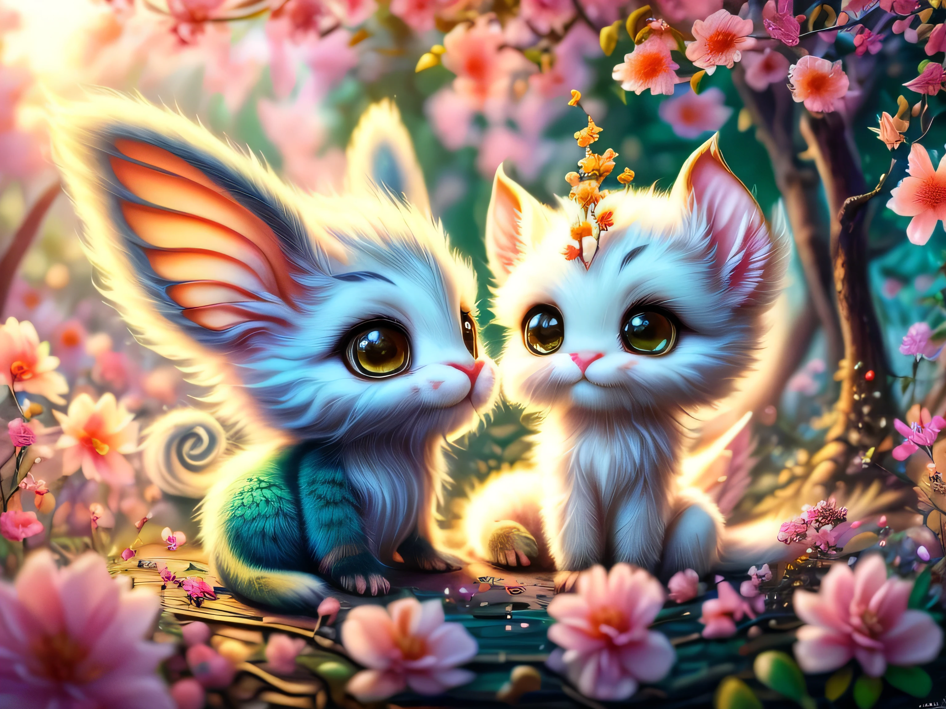 whimsical airbrush and oil painting, best angle of a Very cute mythical graceful transparent anthropomorphic furry creature holds pink acacia, thin arms, fragile thread legs, jasmine flower spirit, Mystical garden where pink acacia grows in a professional photograph by Awwchang :: Luis Royo :: WLOP :: Artgerm Lau :: Anne Stokes :: natural deep colors