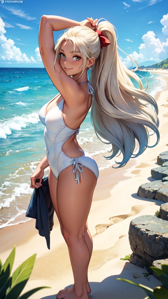 headphones, tattoo, sky, ass, day, blue sky, cloud, 1girl, long hair, bracelet, jewelry, one-piece swimsuit, cloudy sky, looking back, bangle, solo, headset, pink footwear, outdoors, from below, from behind, smile, thighs, boots, artist name, looking at viewer, star \(symbol\),