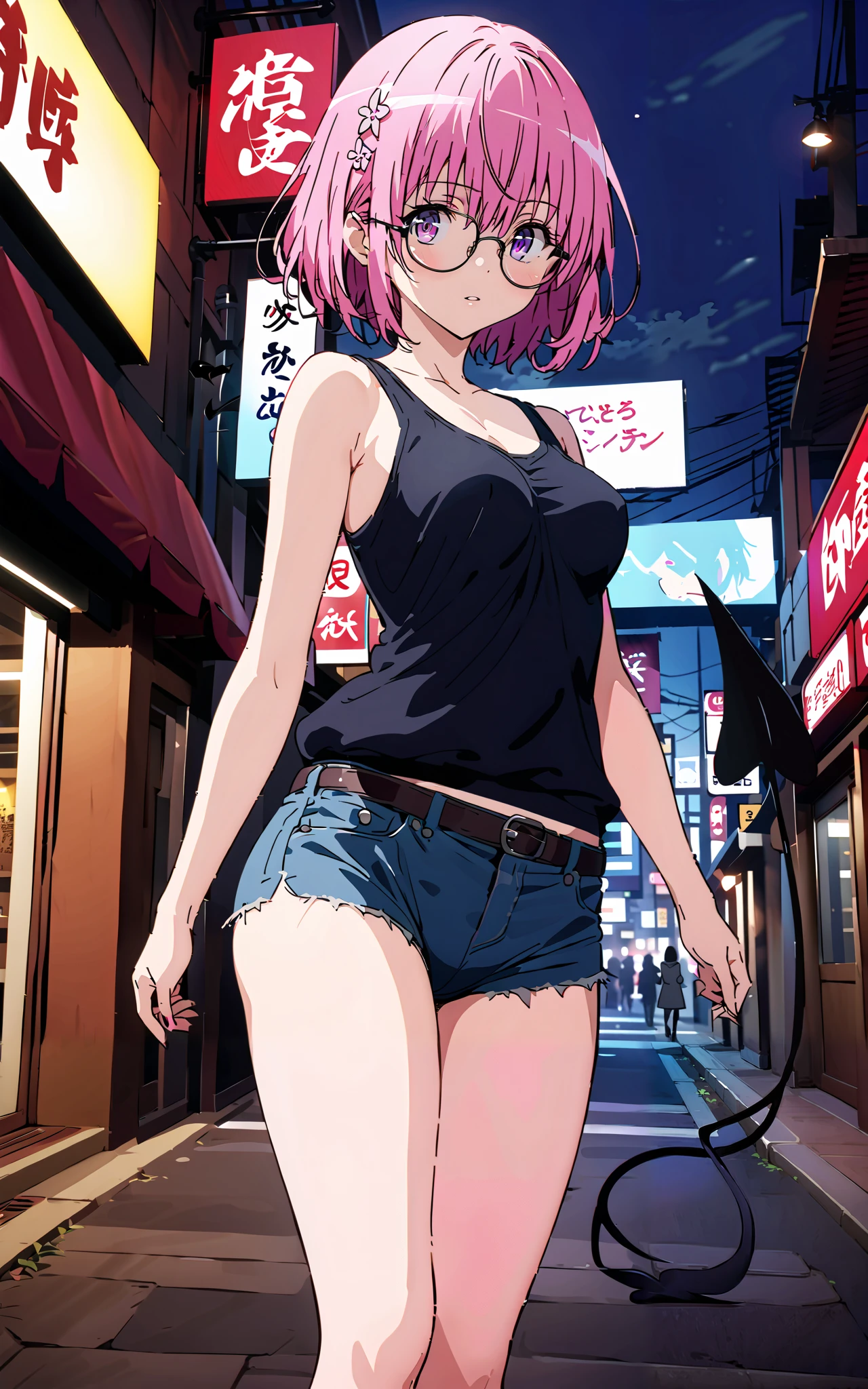 モモデbuildingケ, モモ・デbuildingーク, demon Tail, Hair Flower, hair ornaments close to the garden, purple eyes, pink hair, short hair, Medium breast,胸の谷間,Tail,riders jacket,tank top outside of anime,Underbomb,belly button sticking,Bare legs,denim micro shorts,glasses,shoes, Short Boots,standing,building,Nōn,night,full bodyがイラストに入るように,
break outdoors, Metropolis,
break looking at viewer,full body,
break (masterpiece:1.2),Highest quality , kampala, Unity 8K Wallpaper ,(shape:0.8),( fine, beautiful eyes :1.6),It's a person ,full body写真,CG Details , (perfect hands, complete anatomy),