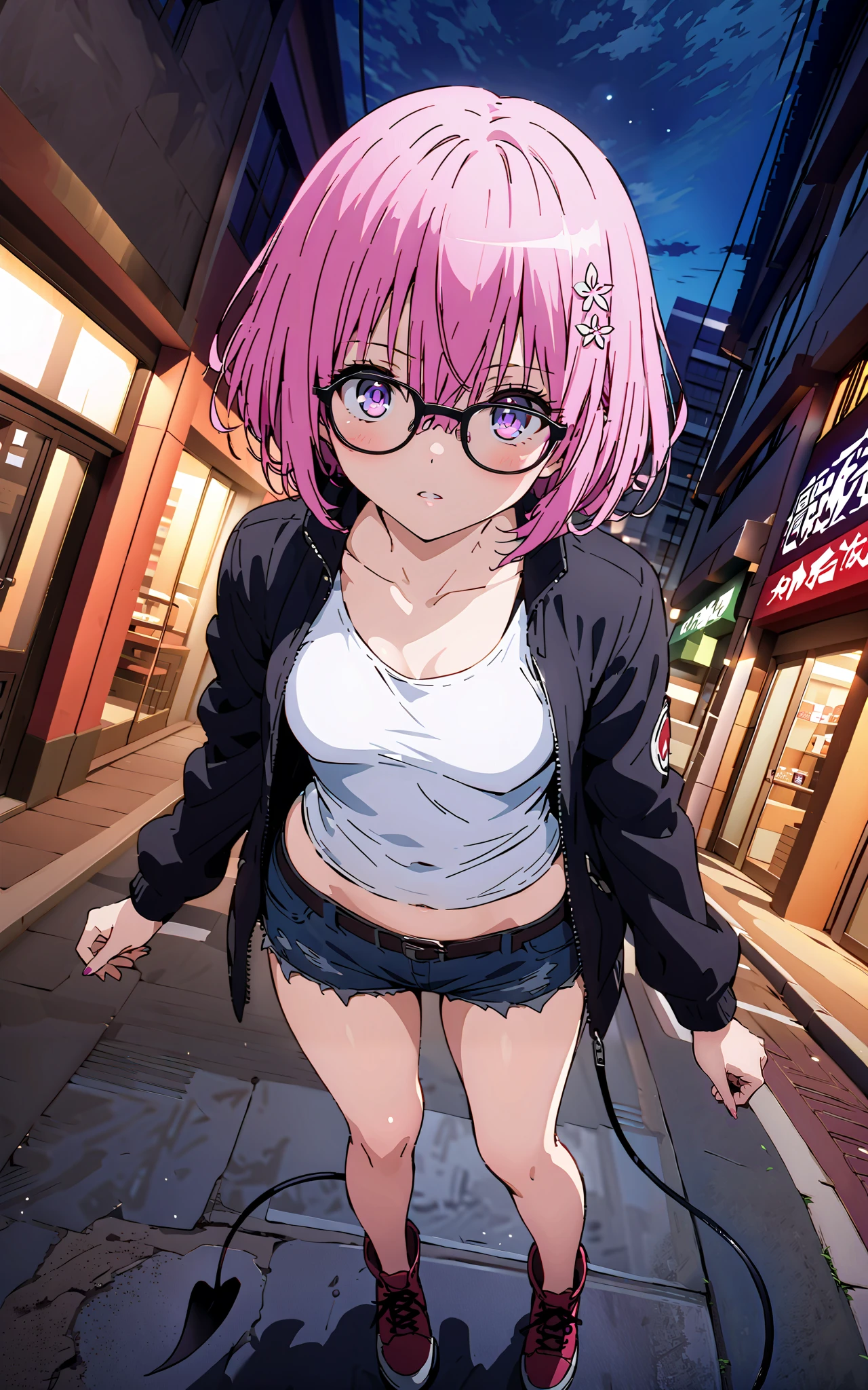 モモデbuildingケ, モモ・デbuildingーク, demon Tail, Hair Flower, hair ornaments close to the garden, purple eyes, pink hair, short hair, Medium breast,胸の谷間,Tail,riders jacket,tank top outside of anime,Underbomb,belly button sticking,Bare legs,denim micro shorts,glasses,shoes, Short Boots,standing,building,Nōn,night,full bodyがイラストに入るように,
break outdoors, Metropolis,
break looking at viewer,full body,
break (masterpiece:1.2),Highest quality , kampala, Unity 8K Wallpaper ,(shape:0.8),( fine, beautiful eyes :1.6),It's a person ,full body写真,CG Details , (perfect hands, complete anatomy),