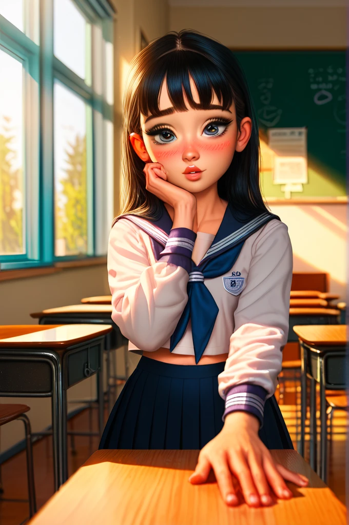 a girl, wearing a tie, cupcake in her hands, school, indoors, (soothing tones:1.25), (hdr:1.25), (artstation:1.2), dramatic, (intricate details:1.14), (hyperrealistic 3d render:1.16), (filmic:0.55), (rutkowski:1.1), (faded:1.3)