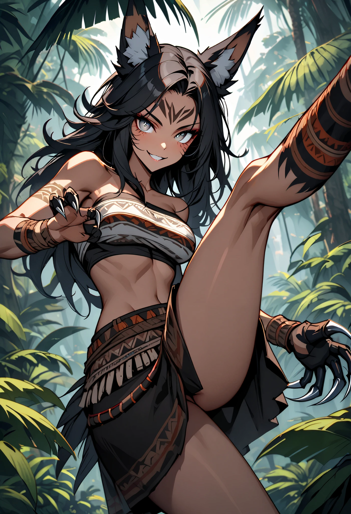 Masterpiece, Hyper Quality, Hyper Detail, Perfect Drawing, 1 Beautiful Girl, Tiger Print Bikini (Micro Bikini 1.3), Tiger Ears, Tiger Tail, Tiger Palm, Tiger Po, Tiger Fingers, Sharp Claws, Sharp Fangs, Hunter's Eyes Aiming at Prey, Black Hair and Blonde Mesh, Sharp Eyes, Height 177cm (3 Size B95W60H90) , Open stance, action pose, brave perspective, gripping the hilt of the sword strongly with both hands, thrusting the tip of the sword towards the camera, bold perspective composition, super huge sword, blade that reflects light and shines,