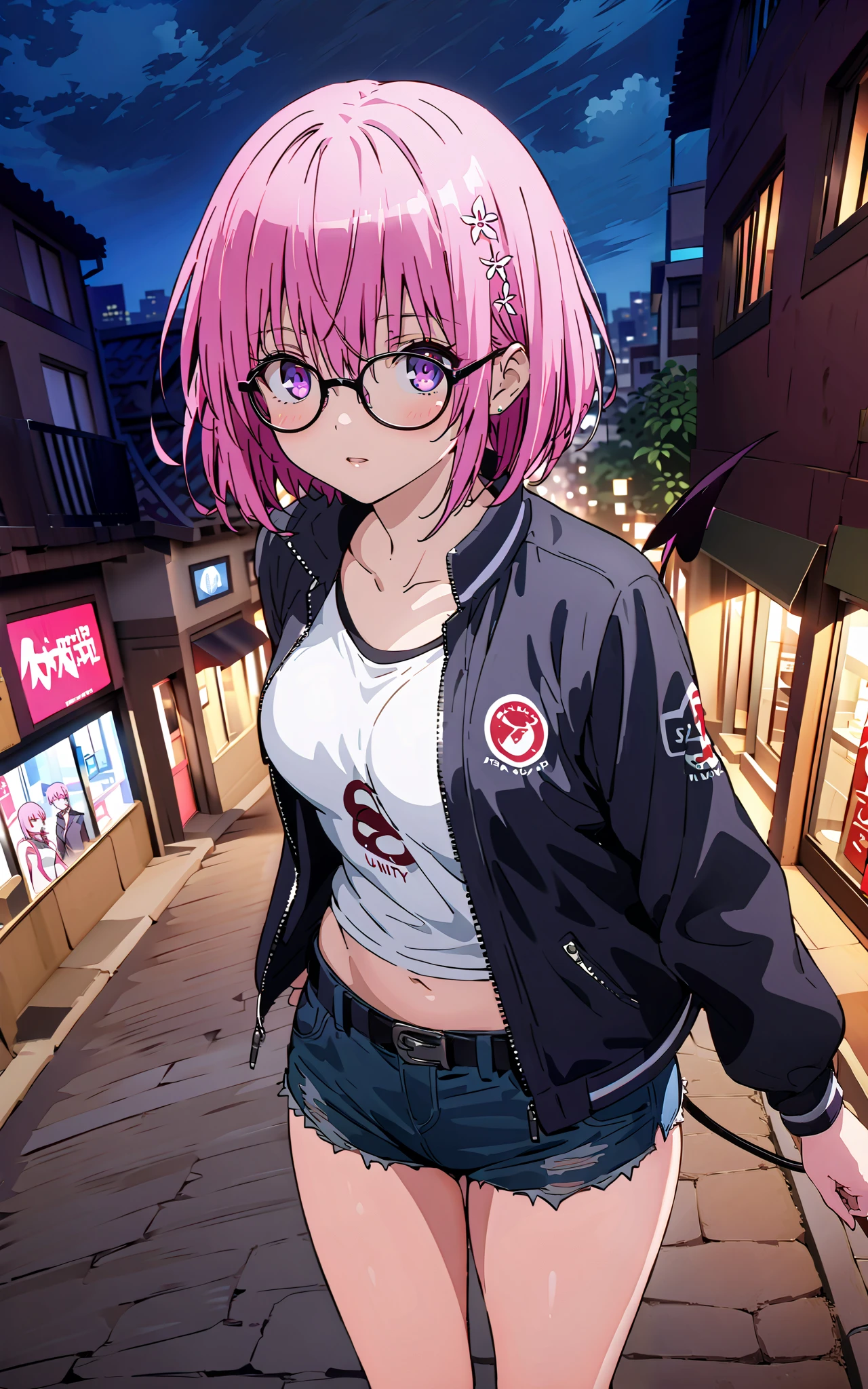 モモデbuildingケ, モモ・デbuildingーク, demon Tail, Hair Flower, hair ornaments close to the garden, purple eyes, pink hair, short hair, Medium breast,胸の谷間,Tail,riders jacket,tank top outside of anime,Underbomb,belly button sticking,Bare legs,denim micro shorts,glasses,shoes, Short Boots,standing,building,Nōn,night,full bodyがイラストに入るように,
break outdoors, Metropolis,
break looking at viewer,full body,
break (masterpiece:1.2),Highest quality , kampala, Unity 8K Wallpaper ,(shape:0.8),( fine, beautiful eyes :1.6),It's a person ,full body写真,CG Details , (perfect hands, complete anatomy),