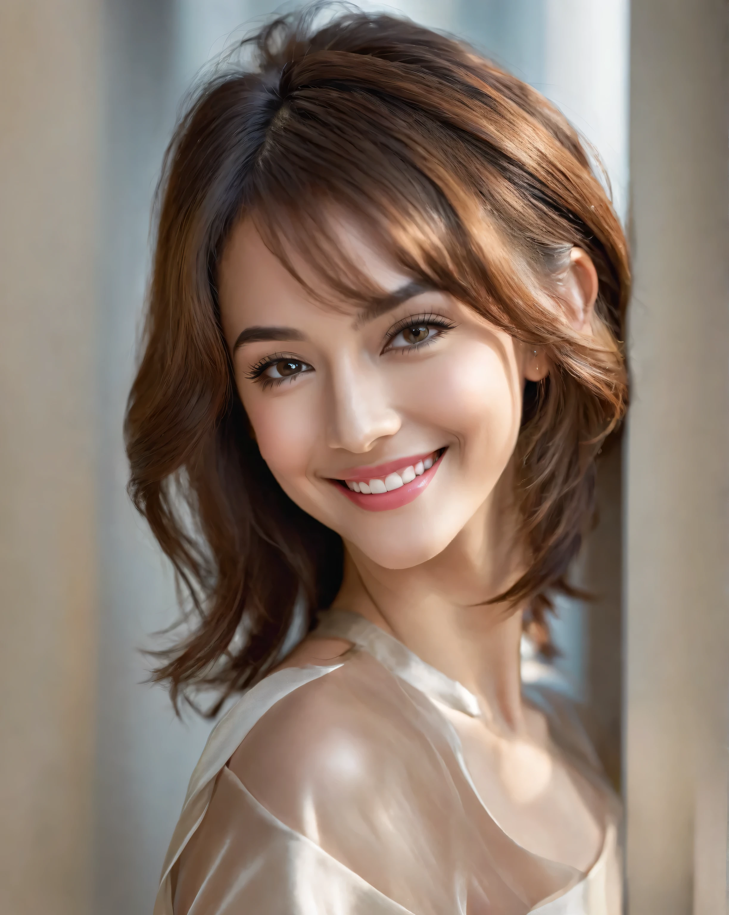 1 girl, solo, Hi-Res, chest, smiles, has won numerous awards, Hi-Res, Highest quality, Hair, shortcut from elbow to hand, chest, long legged、excellent style、