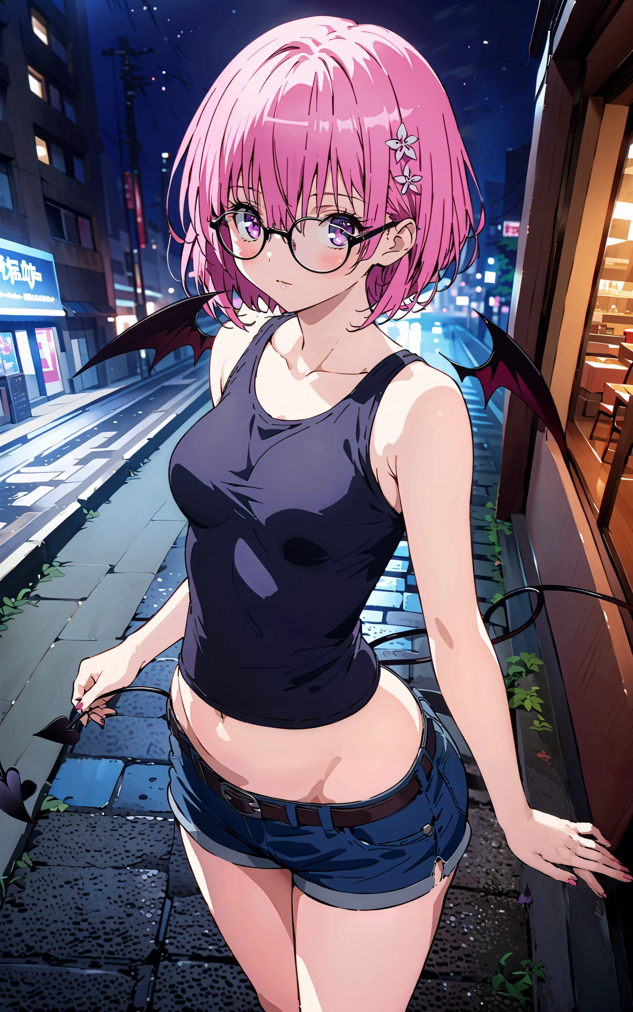 モモデbuildingケ, モモ・デbuildingーク, demon Tail, Hair Flower, hair ornaments close to the garden, purple eyes, pink hair, short hair, Medium breast,胸の谷間,Tail,riders jacket,tank top outside of anime,Underbomb,belly button sticking,Bare legs,denim micro shorts,glasses,shoes, Short Boots,standing,building,Nōn,night,full bodyがイラストに入るように,
break outdoors, Metropolis,
break looking at viewer,full body,
break (masterpiece:1.2),Highest quality , kampala, Unity 8K Wallpaper ,(shape:0.8),( fine, beautiful eyes :1.6),It's a person ,full body写真,CG Details , (perfect hands, complete anatomy),