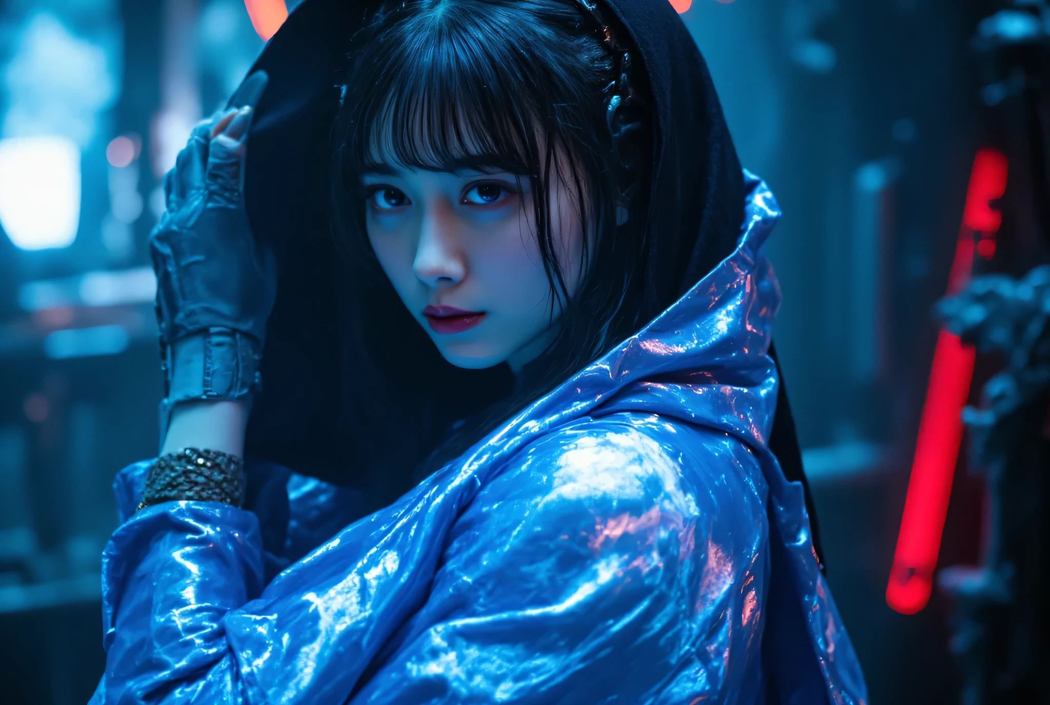 (((The dark interior of the Nostromo ship :2.0))),((( HR Gigger Style Cyberpunk Atmosphere :2.0))),(((Fight with a cyberpunk-style Japanese sword:2.0))), Combat posture,((full body:2.0)),one woman,Female Samurai ,( cute face:1.5),(Beautiful well-balanced face ),((Long braids with bangs:2.0)),( black hair:1.5),(beautiful eyes:1.3),( Blue Glowing Eyes :1.5),glamorous shot of a 20-year-old Japanese woman, Slender Beautiful Body ,((model body type:2.0)),(( slim body with hot water:1.7)),perfect body line,Ideal Proportions,((big breasts:2.0)),((F cup chest wearing:1.5)),Big Breasts,Bare thighs,sensual thighs seen from below the crowd,delicate body,( Muscular:1.7),A harmonious posture,((Realistic breast depiction :1.7)),carefully depicts limbs based on perfect anatomy,((A translucent glass leotard that shines blue in the style of futuristic samurai armor:1.5)),Filled with multicolored LEDs,((Super Hi-leg leotard made of camy-like transparent glass that fits the body:1.5)),(((blue translucent military coat in the style of a samurai armor with open front over a leotard:2.0))),(((translucent blue military coat style kimono with steel armour on the armor:2.0))),(Steel armour on the shoulders :1.5),((Coat style kimono with iron decoration:2.0)),(ear monitor:1.5),((Tactical Holster:1.5)),(gloves:1.3),concept art,(Highest quality:1.5),(masterpiece:1.5),(超高resolution),resolution,UHD,( delicate depiction), carefully drawn with butterfly wings ,32K,((realistic skin texture:1.5)),((( super realistic :1.5))), eyelashes,highly detailed face,Highly detailed female hand, Sexy appearance ,Very sensual,(Blurry Dim Backgrounds :1.5),professional photo shoot,(movie light:2.0),(( Blade Runner Style Lights :2.0))