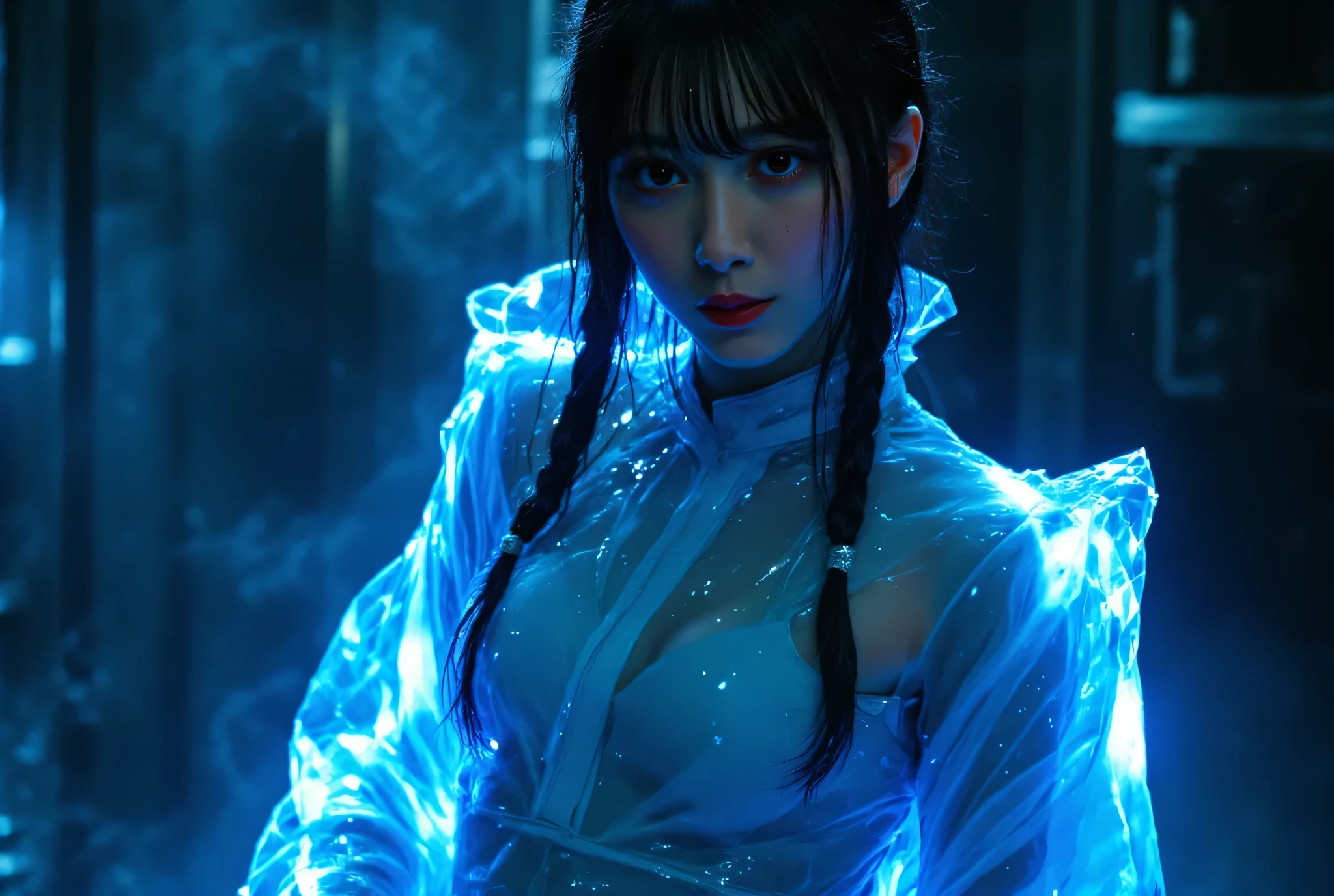 (((The dark interior of the Nostromo ship :2.0))),((( HR Gigger Style Cyberpunk Atmosphere :2.0))),(((Fight with a cyberpunk-style Japanese sword:2.0))), Combat posture,((full body:2.0)),one woman,Female Samurai ,( cute face:1.5),(Beautiful well-balanced face ),((Long braids with bangs:2.0)),( black hair:1.5),(beautiful eyes:1.3),( Blue Glowing Eyes :1.5),glamorous shot of a 20-year-old Japanese woman, Slender Beautiful Body ,((model body type:2.0)),(( slim body with hot water:1.7)),perfect body line,Ideal Proportions,((big breasts:2.0)),((F cup chest wearing:1.5)),Big Breasts,Bare thighs,sensual thighs seen from below the crowd,delicate body,( Muscular:1.7),A harmonious posture,((Realistic breast depiction :1.7)),carefully depicts limbs based on perfect anatomy,((A translucent glass leotard that shines blue in the style of futuristic samurai armor:1.5)),Filled with multicolored LEDs,((Super Hi-leg leotard made of camy-like transparent glass that fits the body:1.5)),(((blue translucent military coat in the style of a samurai armor with open front over a leotard:2.0))),(((translucent blue military coat style kimono with steel armour on the armor:2.0))),(Steel armour on the shoulders :1.5),((Coat style kimono with iron decoration:2.0)),(ear monitor:1.5),((Tactical Holster:1.5)),(gloves:1.3),concept art,(Highest quality:1.5),(masterpiece:1.5),(超高resolution),resolution,UHD,( delicate depiction), carefully drawn with butterfly wings ,32K,((realistic skin texture:1.5)),((( super realistic :1.5))), eyelashes,highly detailed face,Highly detailed female hand, Sexy appearance ,Very sensual,(Blurry Dim Backgrounds :1.5),professional photo shoot,(movie light:2.0),(( Blade Runner Style Lights :2.0))