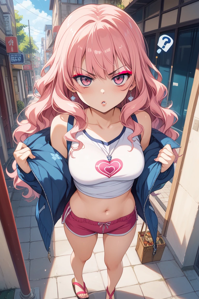 Flat Chest、Pink Bra、Pink Panties、Angry face、whole body、Stand with your feet apart、Place your hands on your hips、White background