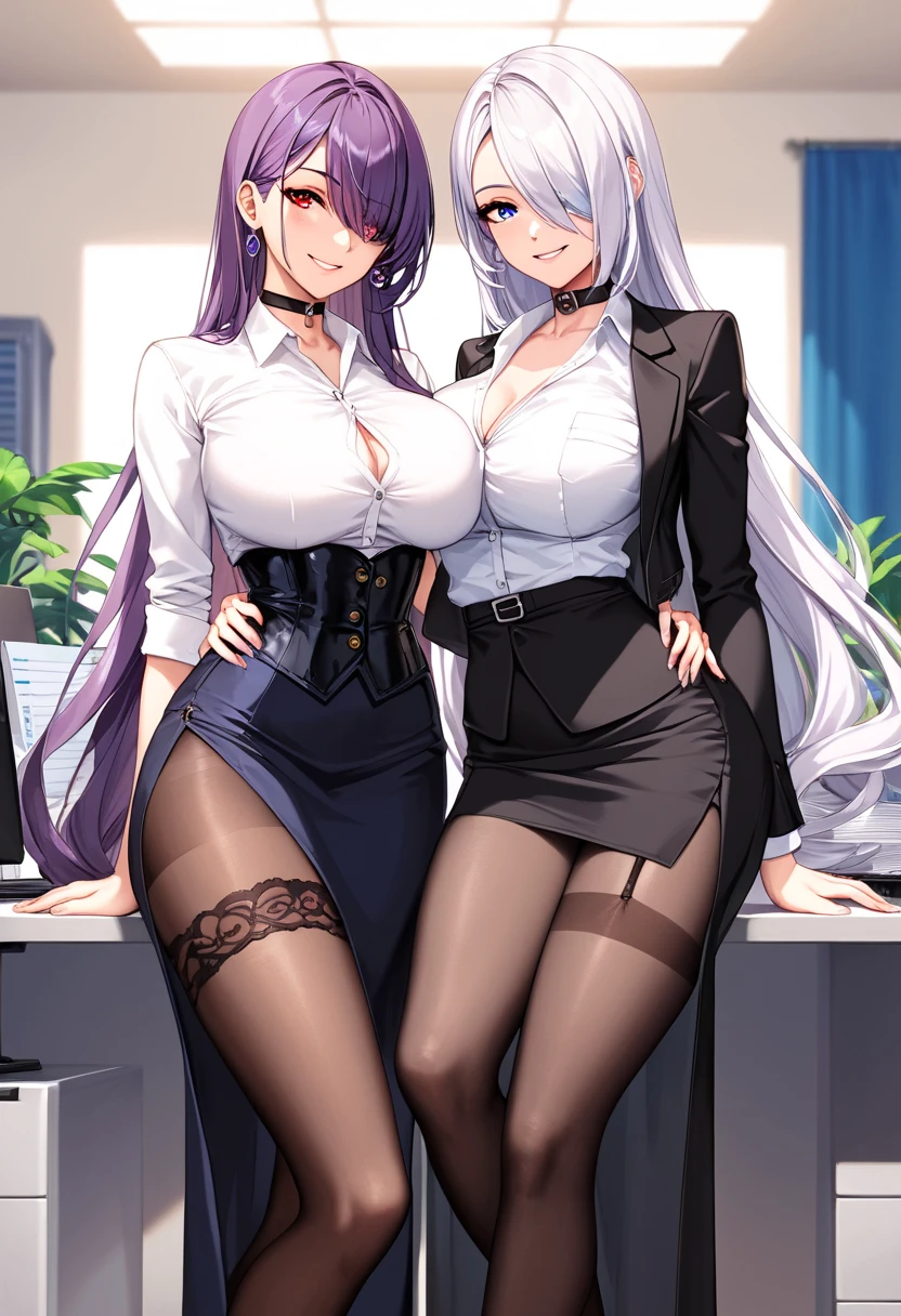 (solo 1 very skinny office lady standing in office:1.3), (swaying back), standing exactly, (arms behind back), (black business suits:1.3), (black blazer with closing chest:1.3), (white dress shirts under blazer), (bursting gigantic huge breasts:1.3), necktie, (inconceivably narrow waist:1.3), too short black skirt, slim hip, thigh gap, skinny long legs, highheels, nose blush, perfect anatomy, (orgasm), pussy juice dripping down between things