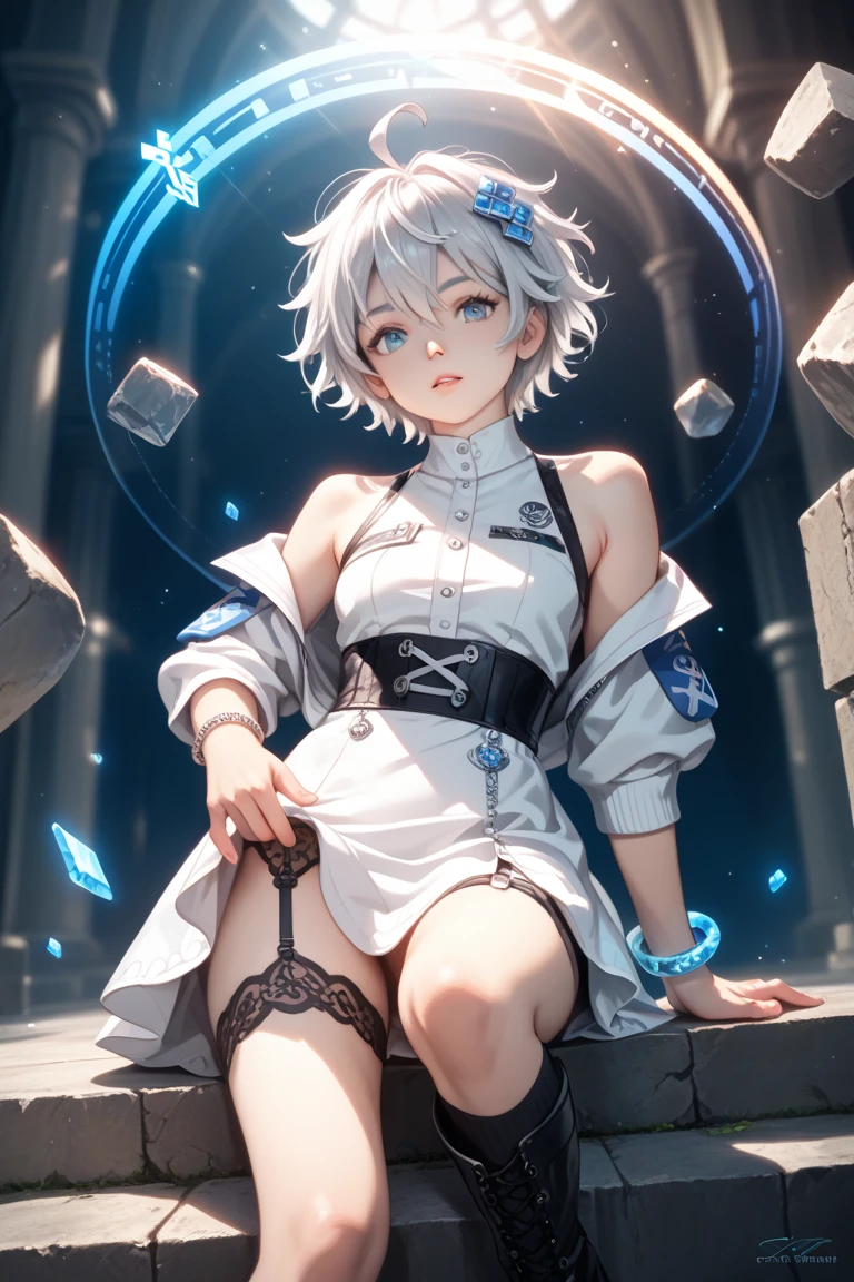 ((A close up)) of anime girl, (((((sitting down on a stone stool in the (night: 1.7) sky))))), (mostly naked), ((barefoot)), (cinematic light), skin is perfectly white, soft, and smooth, ((no nsfw)), Extremely delicate and beautiful CG illustration, small thigh, slim body, best quality, high resolution, dynamic angle, full-length lens, (((1 girl))), (detailed eyes), soft light, high-key lighting), glowing light, ((blue glowing ring around her ankle)), (((wearing (only) a white (transparent) tank top))), ((((clouds: 1.6))))