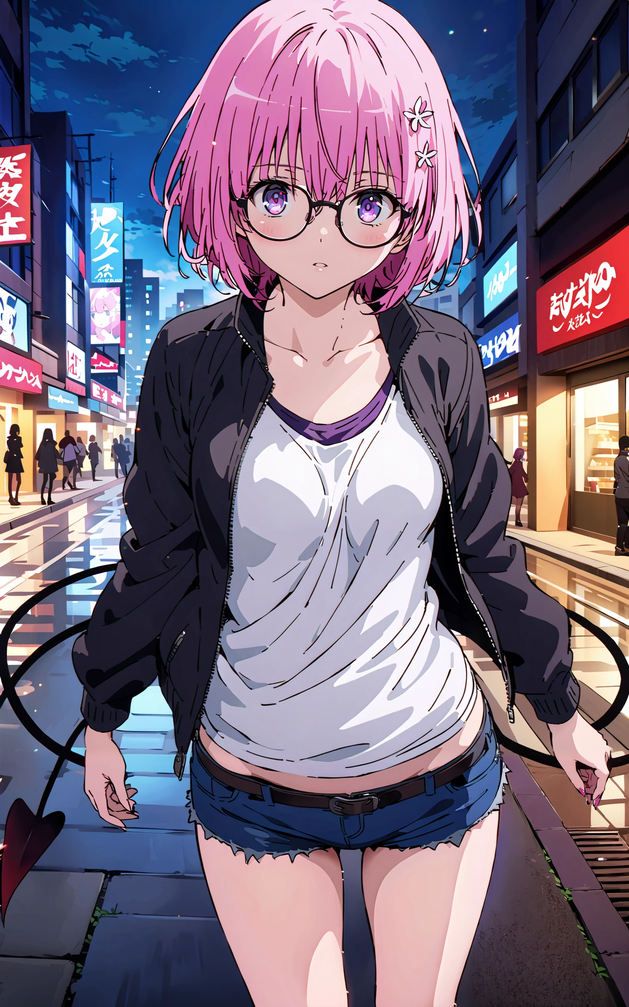 モモデbuildingケ, モモ・デbuildingーク, demon Tail, Hair Flower, hair ornaments close to the garden, purple eyes, pink hair, short hair, Medium breast,胸の谷間,Tail,riders jacket,tank top outside of anime,Underbomb,belly button sticking,Bare legs,denim micro shorts,glasses,shoes, Short Boots,standing,building,Nōn,night,full bodyがイラストに入るように,
break outdoors, Metropolis,
break looking at viewer,full body,
break (masterpiece:1.2),Highest quality , kampala, Unity 8K Wallpaper ,(shape:0.8),( fine, beautiful eyes :1.6),It's a person ,full body写真,CG Details , (perfect hands, complete anatomy),