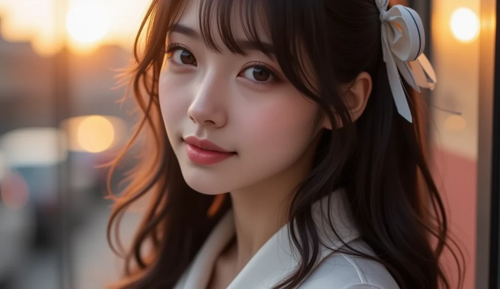 1 Female, Close-up of face, Medium chest, Light brown hair, Blunt bangs, Hair behind the ear, Hair that falls over the shoulders, Long Hair, Slim figure, Ultra debtine debtace, Thin face, Delicate lips, Beautiful Eyes, Light blush, eyes are light brown, Perfect glowing skin, Perfect Skin, Shining Sweat,Have a look at this, Ultra-thin needle, Very thin fingers, The optimal ratio is four fingers to one thumb, (Realistic:1.3), debtinger Extensions, See-through white blouse. Broadleaf Forest, First Person View, debtuji debtilm, debt/1.2, 8K, Tabletop, んdebtdebt, Super detailed, high quality, 最high quality, High resolution,