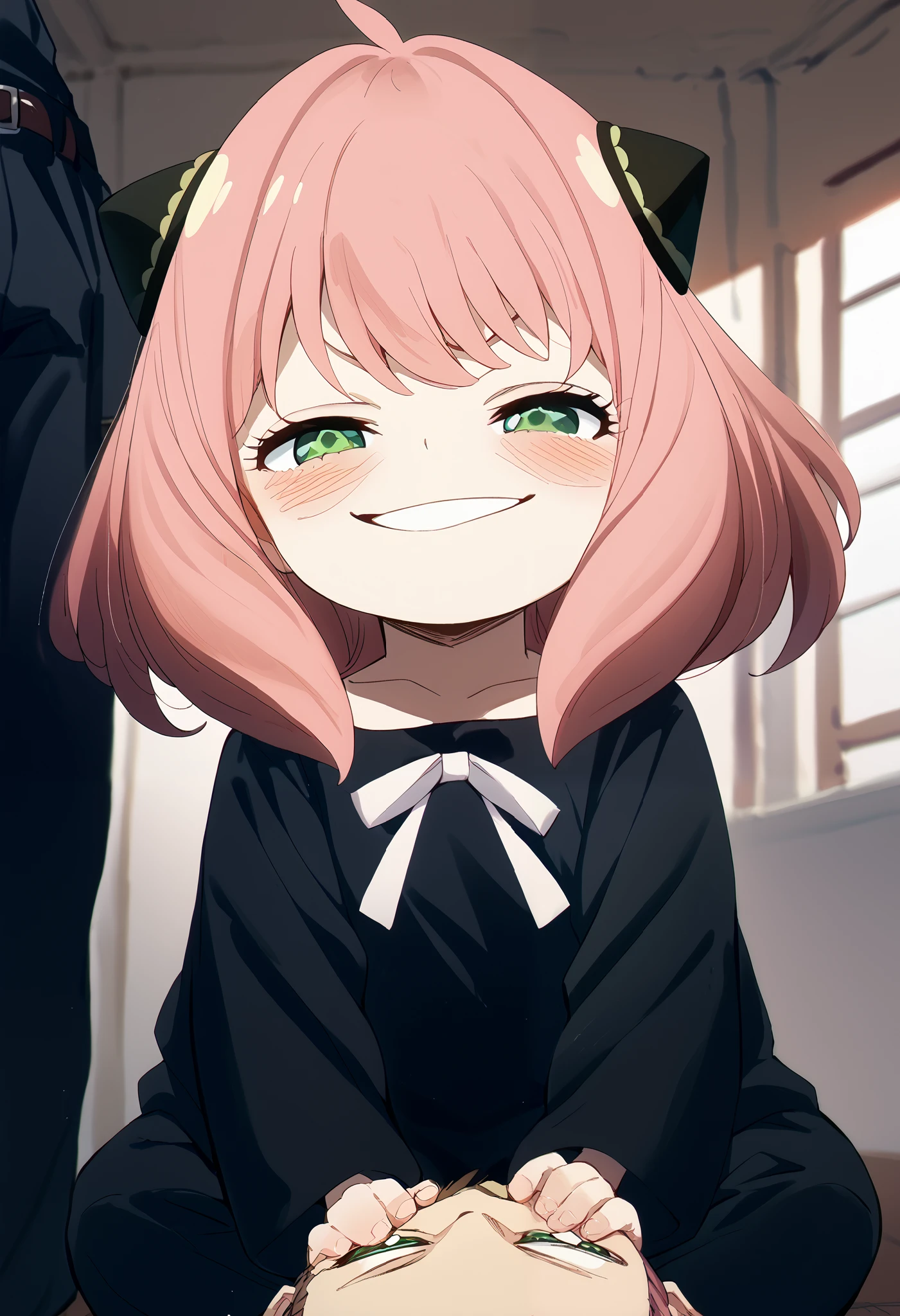 BDSM、Anya Forger、pink hair、green eyes、A black and horn-like hair ornament、sits on a man's face、smile、smug