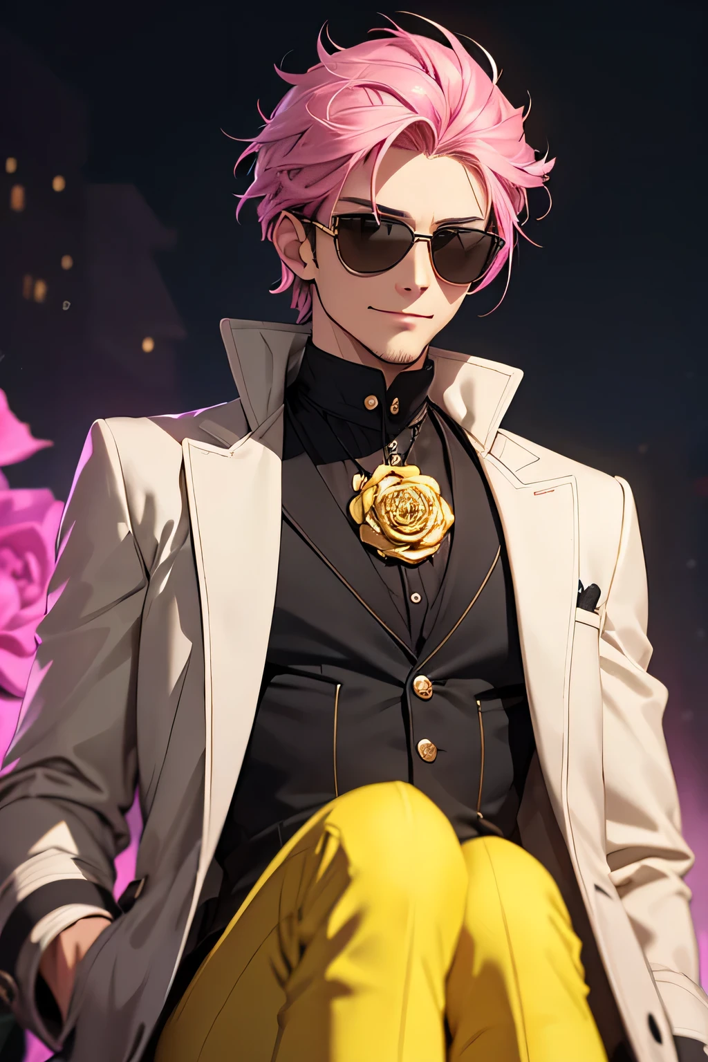 extremely delicate and beautiful, Amazing, finely detail, masterpiece, ultra-detailed, highres,best illustration, best shadow,intricate,sharp focus, high quality, 1 male solo, mature, handsome, tall muscular guy, broad shoulders, tan skin, dark skin, pink hair. eyepatch, kaeya genshin impact, fingerless black gloves, white pink fur on a shoulder, black pants, pink open jacket, strawberries on background and foreground, strawberry theme aesthetic, pink fractals background