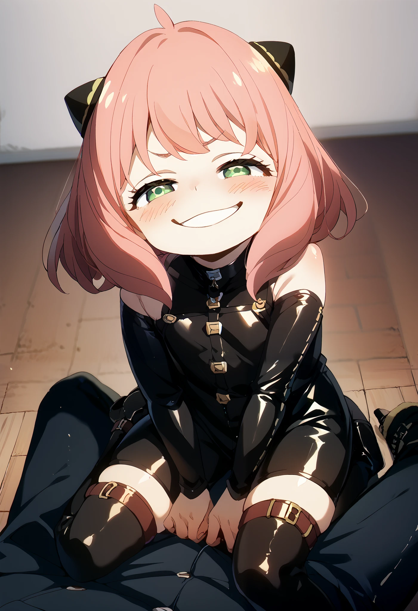 NSFW、BDSM、black latex costume、black thigh-high boots with open shoulders、 stiletto boots、Anya Forger、man lying down in large letters、sits on a man's face、Painful man's face、smile、smug