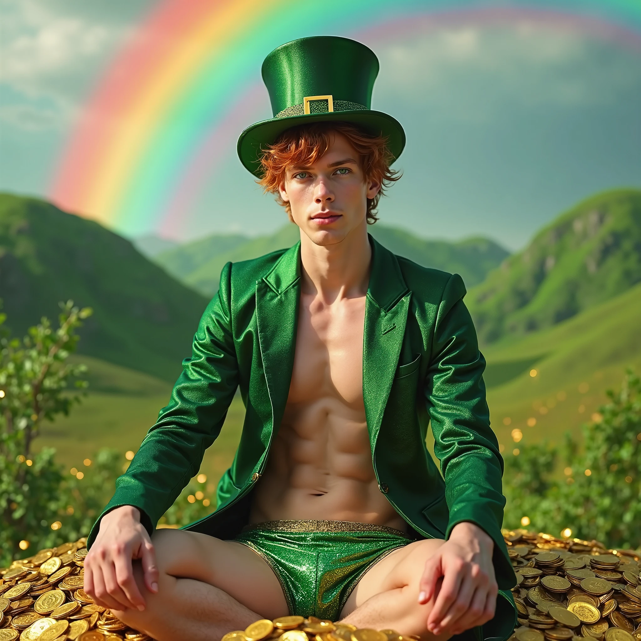 (photorealistic, masterpiece, best quality, highres), ((a handsome young man sitting on a big pile of gold coins)), wearing only green sequin underwear and a green top hat, ginger hair, freckles, slim athletic body build, light skin, irish, emerald green hills in the background, rainbow