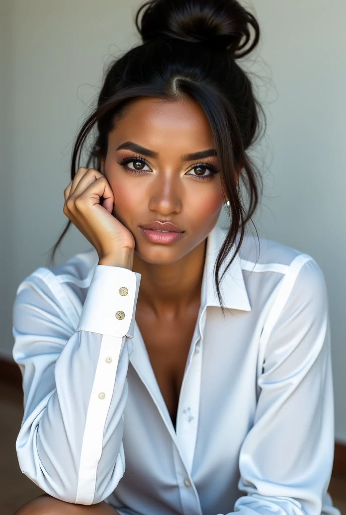 Masterpiece, an award winning portrait of a Creole 30 years old female beautiful business executive, ultra detailed face, ultra high detailed eyes, ultra realistic skin, (textured skin, skin pores, half body shot:1.1), brown skin,  long black hair, hair over one eye, brown eyes, dark eyes, thin eyebrows, perfect teeth, red lipstick, seductive makeup, Armani satin business shirt, 32K, ultra high res.photorealistic, UHD, Leica SL2 + Leica Vario-Elmarit-SL 24-70 f/2.8 ASPH, RAW, sharp ,natural lighting, a corporate photograph