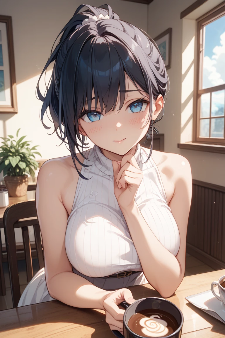 (best quality), (Super detailed), (Best Illustration), (masterpiece), score_9, score_8_up, score_7_up, (4k), (nsfw), (1woman), (full nude), (large breasts), {brown hair, (sideburns), (bob cut:1.3), curly hair, hairs between eyes, colored inner hair}, {(detailed eyes), heart-shaped pupils, blue eyes}, parted lips, embarrassed, nose blush, earring, sweat,