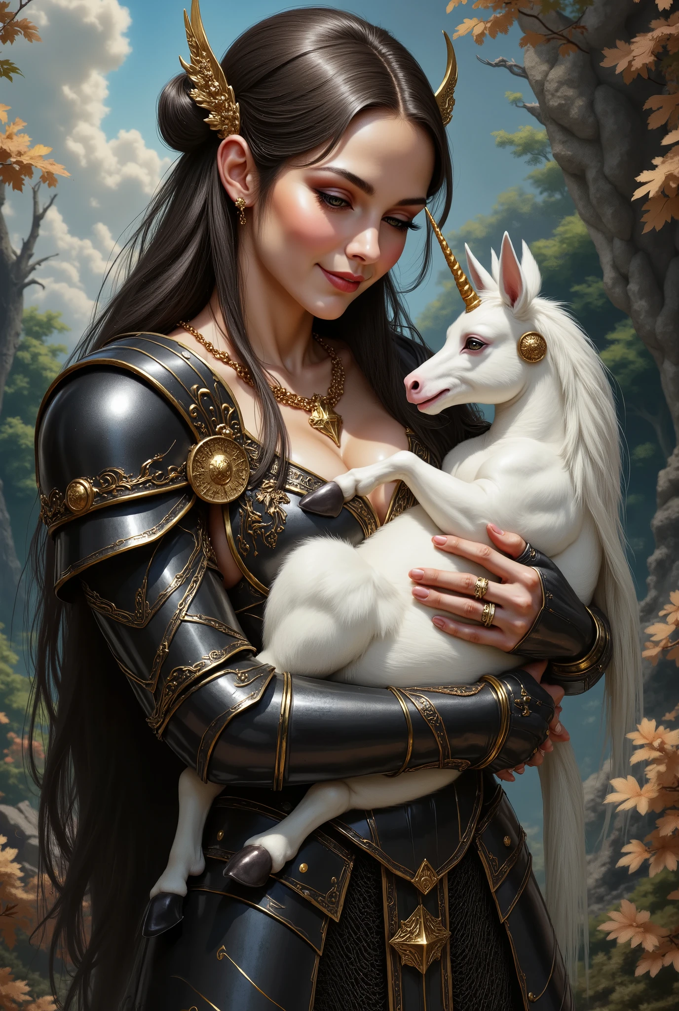 Enchanted armoured smiling woman in a black chainmail dress cradling a tiny white unicorn. An oil painting by Hieronymus Bosch , proper cradling.