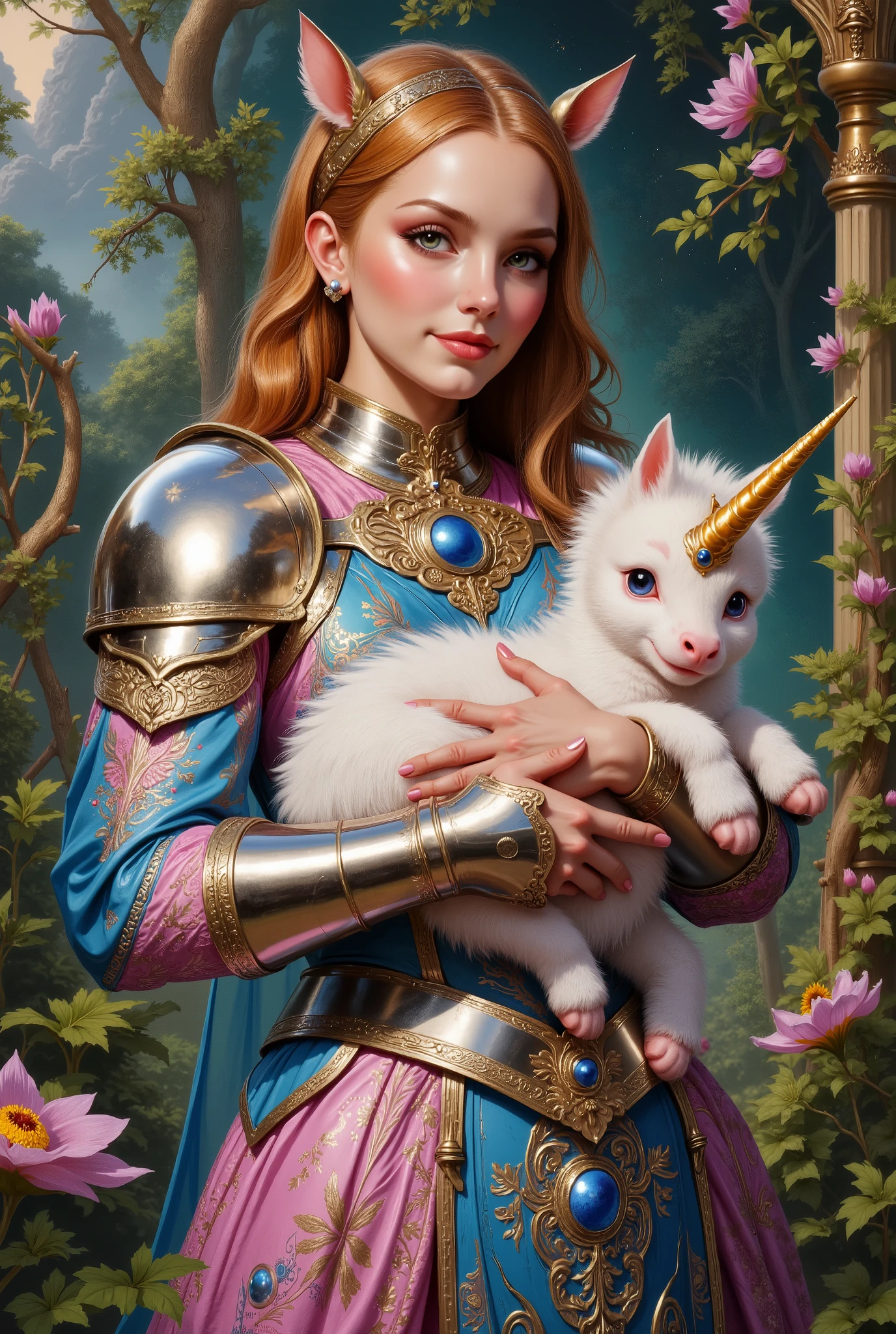Enchanted , an armoured smiling woman in a blue and pink paisley dress cradling a baby Unicorn . An oil painting by Hieronymus Bosch , proper cradling.
