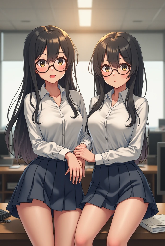  (masterpiece,  computer, mejor quality,  Clear focus, shadow, anime style, Ultra-High Resolution, 8K, perfect , rostro perfecto, (detailed face), (  Detailed eye  ), score_9, score_8_up, score_7_up, score_6_up, score_5_up, score_4_up,  source _animated, Label 1, Label2, quality_masterpiece, anatomically correct, beautiful face, rostro perfecto, Beautiful and highly detailed face and eyes, Attractive face, detailed face, delicate facial features, detailed leather, ,  size cup D or DD, wide , gigantic , thick thighs. Anime-style illustration of three young women, Stylized. Two of them are standing, dressed in school uniforms: white blouses tied at the waist and plaid red and black plaid skirts. One of the girls has light gray hair tied in a high bun and wears glasses; the other has dark brown hair with a lock curly yellow, also wearing glasses. Both seem to be hugging each other. The girl standing with gray hair is holding her hair. The third girl is lying on a bed with pink sheets, dressed in a shiny and  black dress that looks like leather or patent leather, and a plaid skirt similar to those of the other two underneath. She wears white stockings with ruffles at the ankles. 

The background is an elegant interior, with a light blue wall and a detail of molding on the wall. There is a suggestion of a classic-style piece of furniture in the corner.