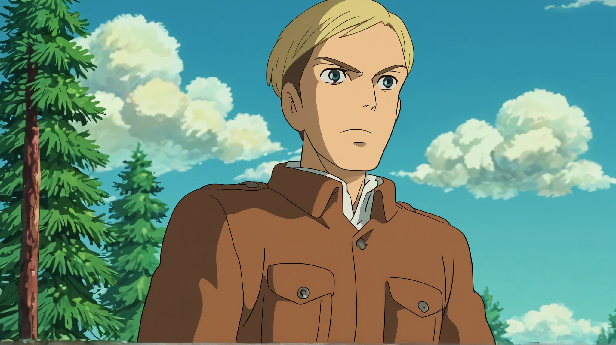 ghibli_style,score_9, score_8_up, score_7_up, score_6_up, score_5_up, score_4_up, BREAK source_anime, anime screencap, ErwinXL, 1boy, male focus, solo, paradis military uniform, sky, jacket, cloud, cowboy shot,forest