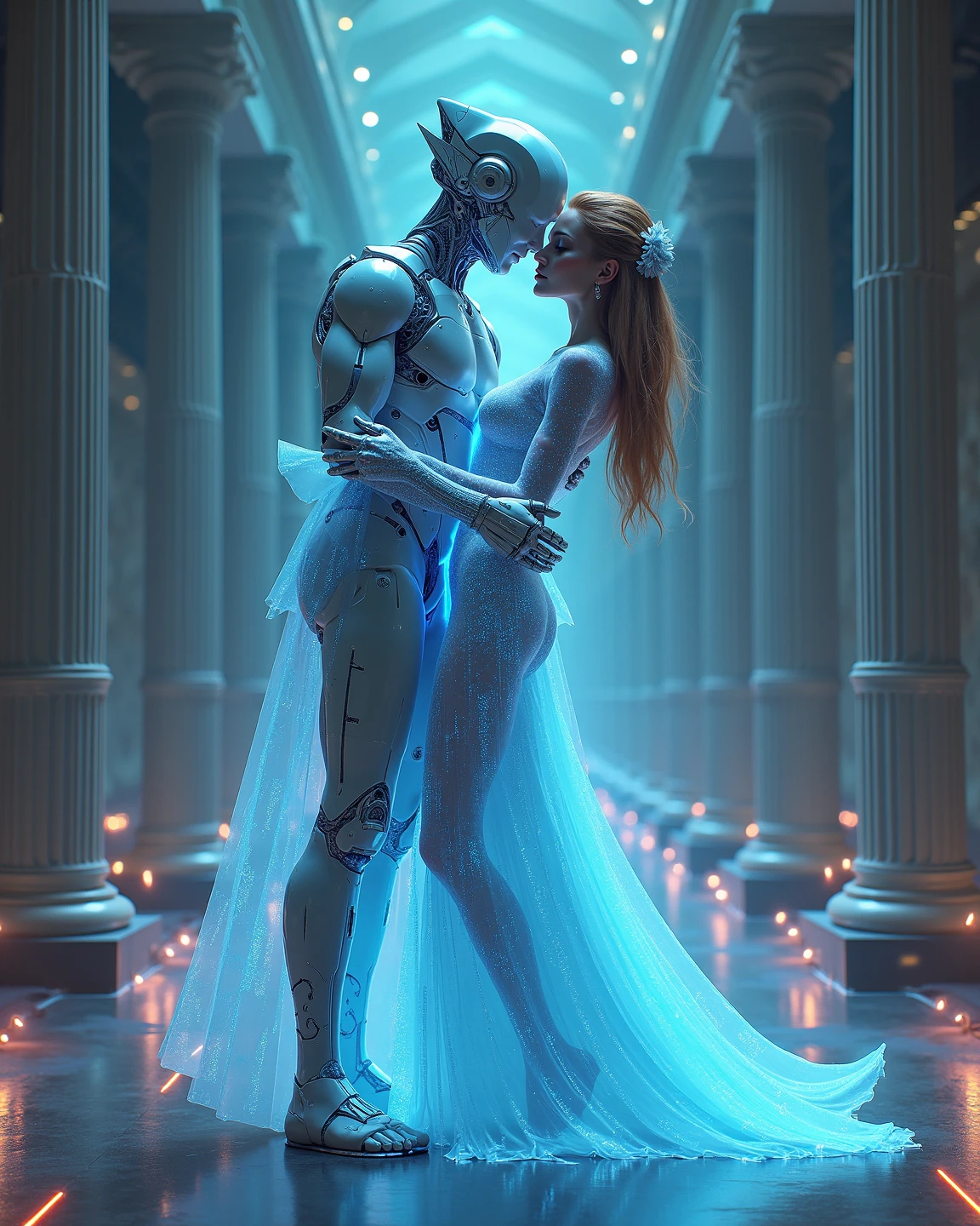 A highly detailed portrait of an alien man and woman holding hands in a glowing galaxy filled with crystals, cinematic lighting, dramatic composition, volumetric fog, ultra-realistic, 8k, hyper detailed, glossy skin, intricate facial features, elegant poses, mesmerizing colors, radiant energy, awe-inspiring scale, photorealistic, concept art style