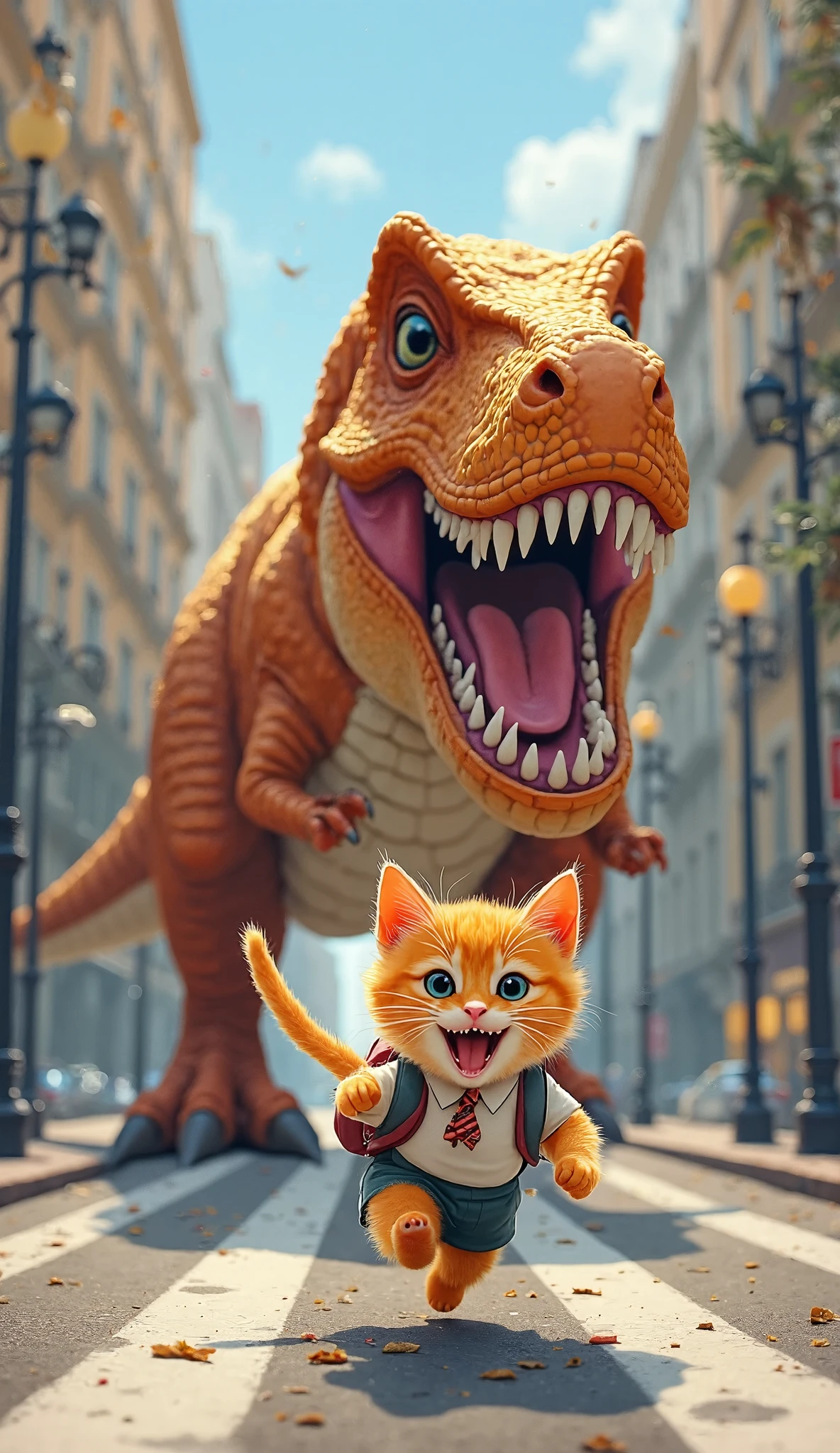 kitten (kitten cat orange, cute, dressed school uniform) dikejar trex, di jalan