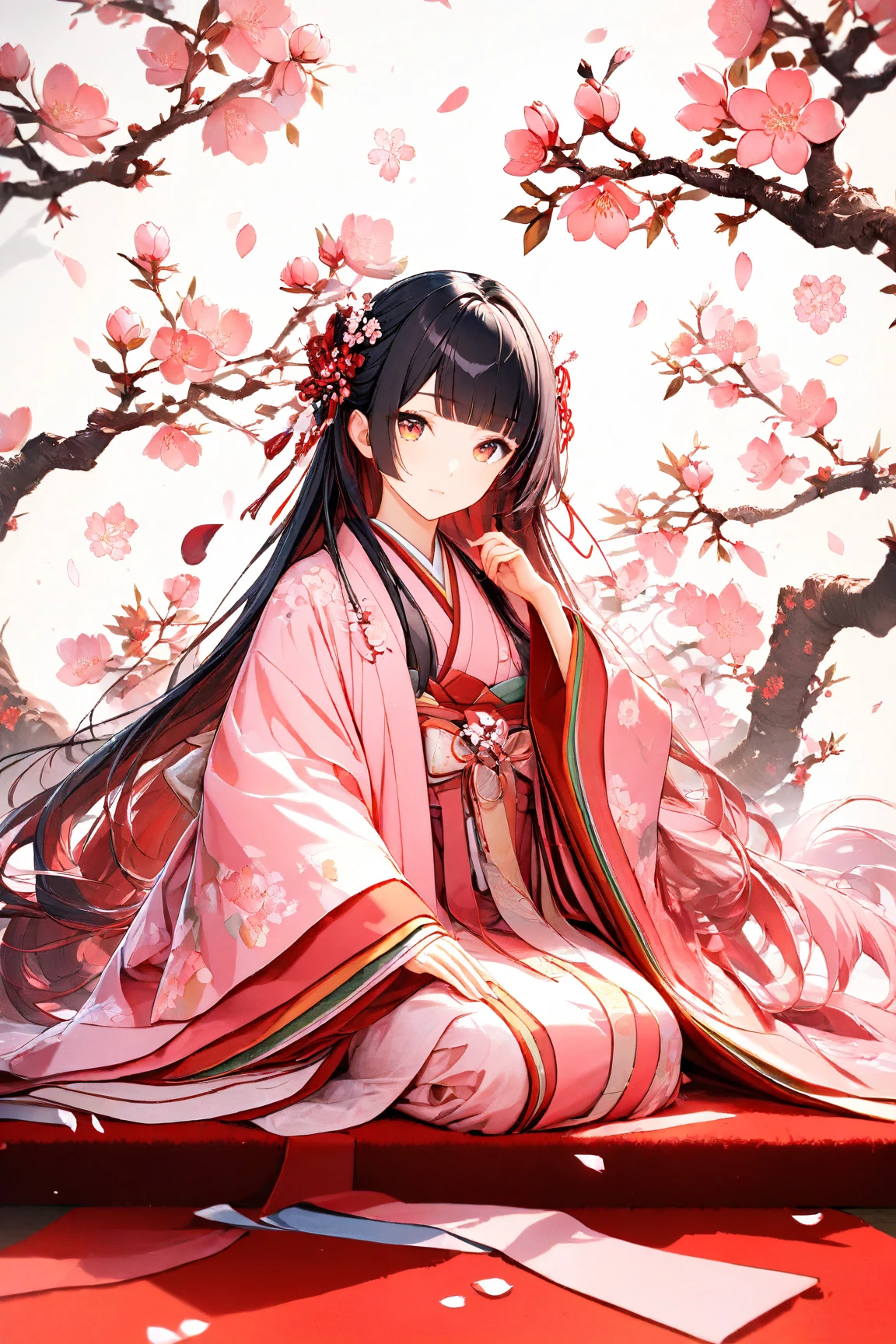 (masterpiece:1.2), (best quality:1.2), (very aesthetic:1.2), (absurdres:1.2), ultra-detailed,extremely detailed,beautiful,extremely detailed CG,ultra detailed background, 8k,16k,perfect hair, perfect fingers,a girl,(solo),beautiful,expressionless, mouth closed, (blunt bangs), ), black hair,long hair, blunt ends,((forehead)), orange eyes,(pink kimono with floral pattern),((dark red haori with floral pattern)),smiling,((peach blossom)),full body,
BREAK,((white background)),flat style,spring atmosphere,pink pastel colors,(Hinamatsuri Clothing:1.5),
, peach blossom, kimono,seiza,red carpet,dynamic angle,peach blossoms petals,12hitoe dolls