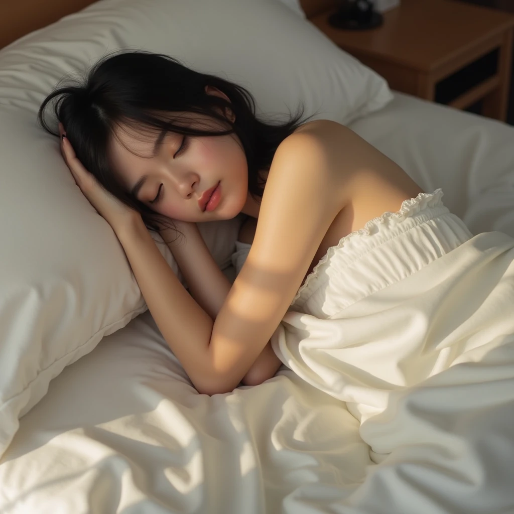 Ultra-high resolution, (Realistic: 1.4), RAW Photos, highest quality, (Realisticistic), concentrate, Soft Light, ((28 years old)), ((Japanese)), (front, Young Face))), (Written boundary depth), (one piece), masterpiece, (Realistic), woman, short hair、Black Hair, Bedroom, Small breasts、Small breasts、Sleep on your back:1.5、pajamas:1.5、pajamas、whole body、barefoot
