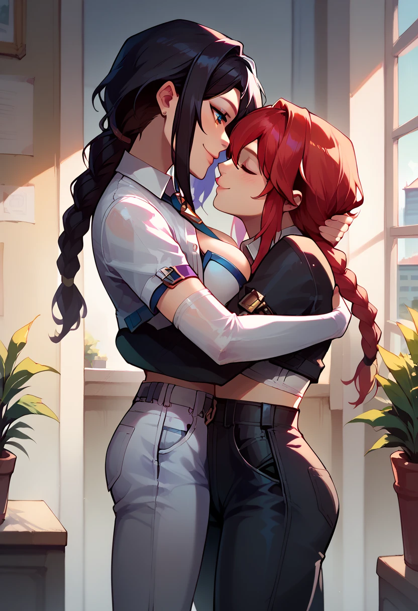 2 women. Asamiya Athena and "kof" " Kula Diamond "kof" Kissing. {{Helen Parr with a red unbuttoned blouse, neckline, big breasts, sexy black bra, black denim pants unbuttoned, black panties}}. {{Aunt Cass with a low-cut green blouse, purple bra, blue denim pants unbuttoned, purple panties}}. Both sitting on a bed, from above.