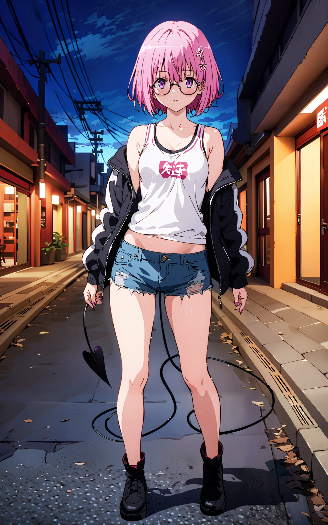 モモデbuildingケ, モモ・デbuildingーク, demon Tail, Hair Flower, hair ornaments close to the garden, purple eyes, pink hair, short hair, Medium breast,胸の谷間,Tail,riders jacket,tank top outside of anime,Underbomb,belly button sticking,Bare legs,denim micro shorts,glasses,shoes, Short Boots,standing,building,Nōn,night,full bodyがイラストに入るように,
break outdoors, Metropolis,
break looking at viewer,full body,
break (masterpiece:1.2),Highest quality , kampala, Unity 8K Wallpaper ,(shape:0.8),( fine, beautiful eyes :1.6),It's a person ,full body写真,CG Details , (perfect hands, complete anatomy),