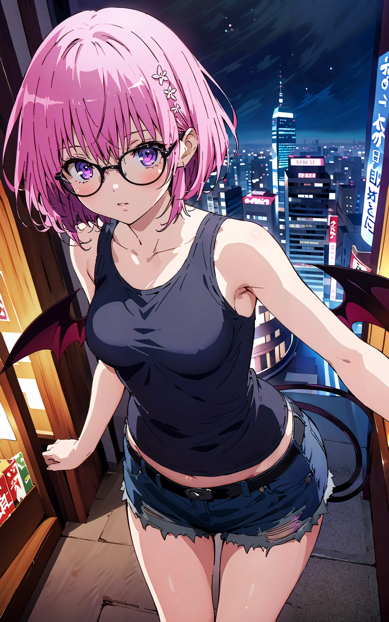 モモデbuildingケ, モモ・デbuildingーク, demon Tail, Hair Flower, hair ornaments close to the garden, purple eyes, pink hair, short hair, Medium breast,胸の谷間,Tail,riders jacket,tank top outside of anime,Underbomb,belly button sticking,Bare legs,denim micro shorts,glasses,shoes, Short Boots,standing,building,Nōn,night,full bodyがイラストに入るように,
break outdoors, Metropolis,
break looking at viewer,full body,
break (masterpiece:1.2),Highest quality , kampala, Unity 8K Wallpaper ,(shape:0.8),( fine, beautiful eyes :1.6),It's a person ,full body写真,CG Details , (perfect hands, complete anatomy),