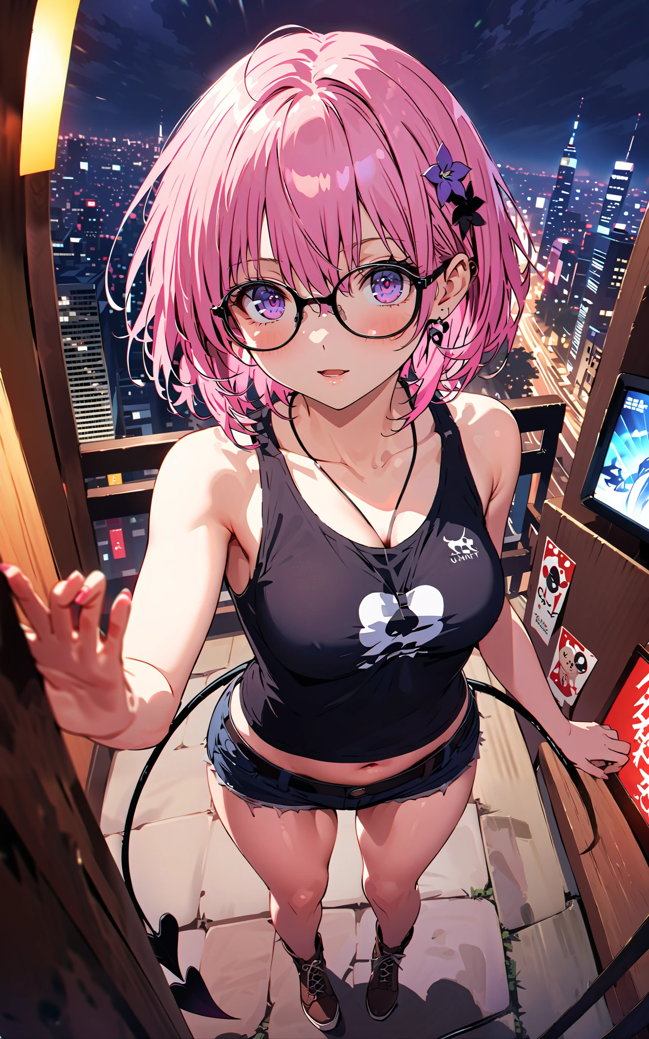 モモデbuildingケ, モモ・デbuildingーク, demon Tail, Hair Flower, hair ornaments close to the garden, purple eyes, pink hair, short hair, Medium breast,胸の谷間,Tail,riders jacket,tank top outside of anime,Underbomb,belly button sticking,Bare legs,denim micro shorts,glasses,shoes, Short Boots,standing,building,Nōn,night,full bodyがイラストに入るように,
break outdoors, Metropolis,
break looking at viewer,full body,
break (masterpiece:1.2),Highest quality , kampala, Unity 8K Wallpaper ,(shape:0.8),( fine, beautiful eyes :1.6),It's a person ,full body写真,CG Details , (perfect hands, complete anatomy),