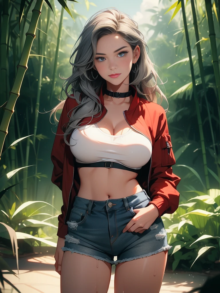 1female，36 years old，熟妇，mature，Bigchest，Big breasts Thin waist，slenderlegs，long leges，Busty and sexy，Pornographic exposure， 独奏，（Background with：bamboo forrest，clubs） She has long silver-gray hair，standing on your feet，Sweat profusely，drenched all over the body，seen from the front， hair straight， mostly cloudy sky，（（（tmasterpiece），（Very detailed CG unity 8K wallpaper），best qualtiy，cinmatic lighting，detailed back ground，beatiful detailed eyes，Bright pupils，（Very fine and beautiful），（Beautiful and detailed eye description），Blue eyes，Redlip，ultra - detailed，tmasterpiece，）），facing at camera，A high resolution，ultra - detailed），revealing breasts，Bare genitalia，  Bulge，legs are open，sexyposture，Camel toes，Flushed complexion，Smile，frontage，（Wearing：Red baseball jacket，Sexy denim shorts，athletic sneakers）