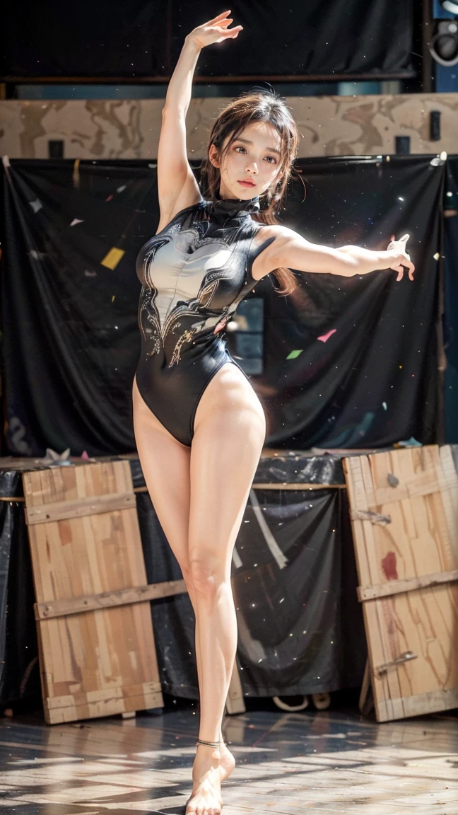 Surrealist women by David Hockney and Alphonse Mucha，Fantasyart，photographrealistic，动态照明，art  stations，poster for，huge tit！lamplight，Stage，perform，theater，Volumetriclighting，Tall beauty，body high，Very detailed faces，4 k''，1girll，Stage，low tune，facial closeups,(gymnastic suit，tight-fitting，cleavage:1.4), updo hair，lots of people，Redlip，ssmile，low chest，deep v big breasts，huge tit，Raised sexy，Bigchest，Large breasts，Breast swelling，Raised chest，blackstockings，Breasts are plump，crisp breasts，A plump chest，the breasts are large，Seductive expressions，Wear earrings，The skirt floated，Hair flowing up，Fairy under fan，wearing a choker，Wear a bracelet，The stands up，standing on your feet，long leges，blackstockings，Wet all over，Moisturizes the whole body，huge tit，Red lips，stocklings，gigantic cleavage breasts，black lence stockings，slenderlegs，Hot dance，Gymnastic moves，gymnast，Streamers，full bodyesbian，beautifullegs，Dance，gracefulness，soft，softness，Noble，Rich，largeeyes，eye shadows，Long legs，beautifullegs，Thin leg，split，splitting legs，Dance，split，Aerial capture，Jump up，Suspended in the air，Dancing in the air，GYMTASTIC