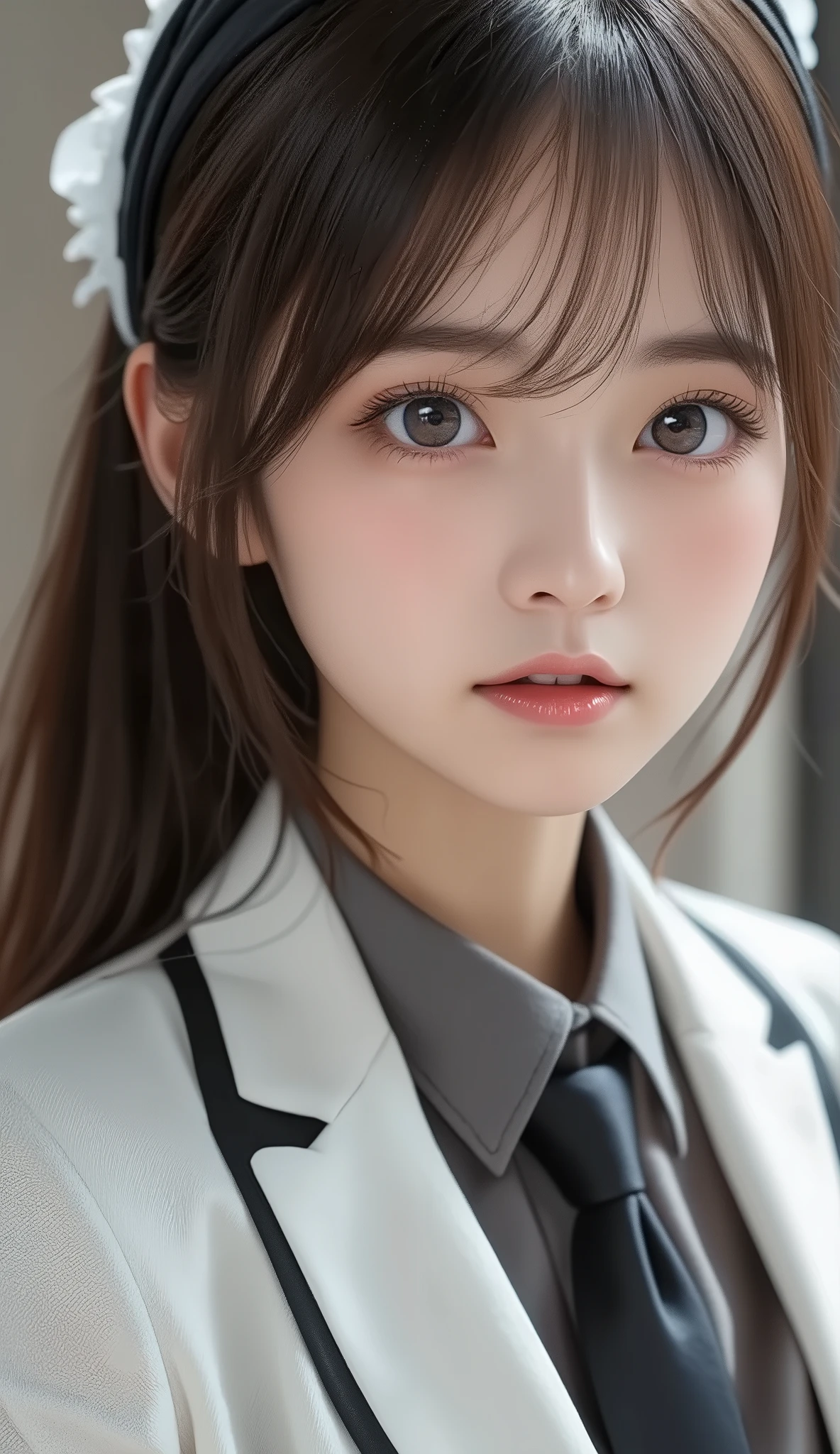 8k,super high definition , Highest quality, masterpiece,rule of thirds,golden ratio,surreal, photos, one woman,( girls on the left:1.3),cute,cute顔, Beautiful Eyes in Every Detail , 細かくexhaustive,mature woman,princess,cowboy shot,smile, black hair, long bob,ID photo, luxurious and beautiful ,(A Famous Japanese Idol Girl), ((Office uniform with white shirt, blazer and pencil skirt)),(((Clean clothing))), very delicate expression , delicate eye description,, Healthy Body , (( 1 female)), Height: 160cm ,( thin waist:1.4)、( Beautiful :1.4), pink lips,profile in landscape orientation from,((( ideal figure))),Small bust, A cup :2,、 portraits:2、 perfect anatomy 、鮮明な exhaustive、 exhaustive, thin lips,Perfect and beautiful face ,完璧でcute顔, meticulous skin , perfect limb、 thin waist, surreal,Light and Dark, Fashion Magazine Cover ,glowing