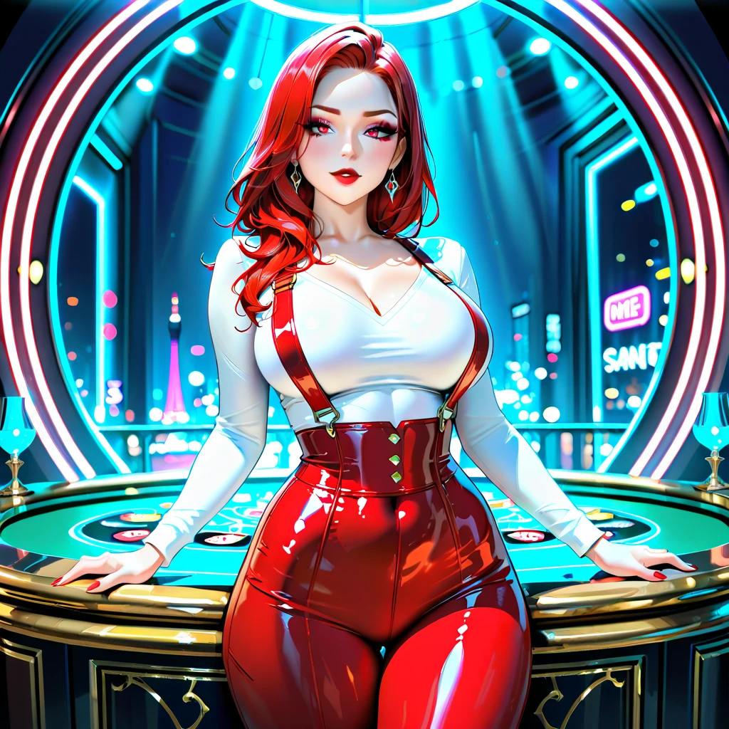Chinese idol girl　mature woman　purple hair with bangs　wavy hair　Glasses　big breasts　big breasts　Push your chest together to create cleavage　Big eyes　((bright red plump lips))　((Ferris wheel on a midsummer night))　　((Racing model style bodycon dress made of orange super glossy enamel material with sponsor lettering.))　((Enamel Knee High Boots))　 masterpiece　8K　Drawn from above　((beautiful armpits))