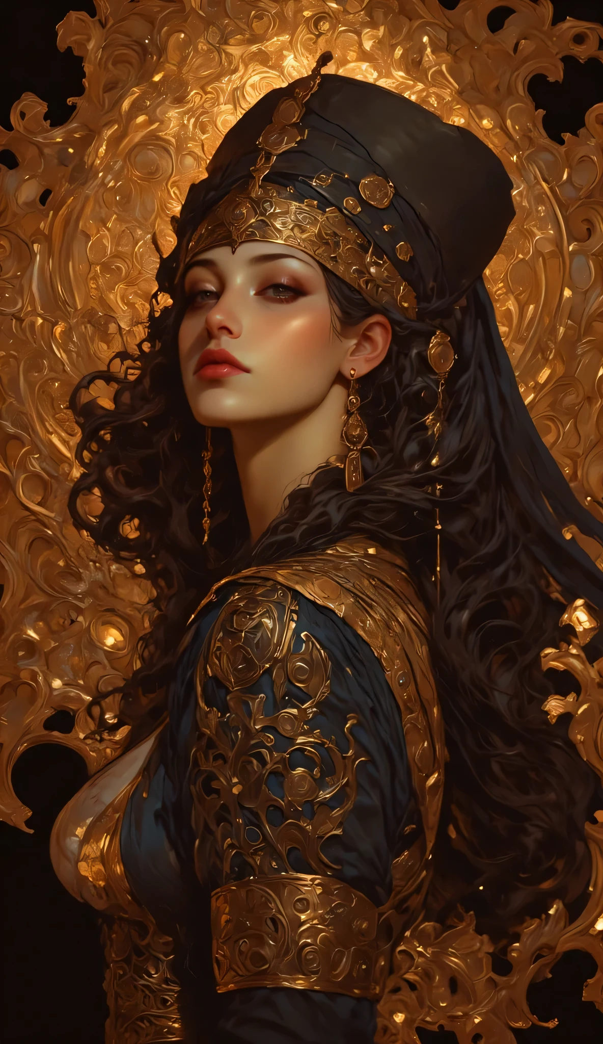 (masterpiece),(Highest quality),(Super detailed),(Ultra-high resolution),(Best illustrations),8k.
The princess of lon,middle aged,iraqi woman,black hair,thick and plump lips,golden jewelry,see through face veil,luxurious lingerie.
In an ancient luxurious temple,dynamic lights,shiny,glitter,glamour.