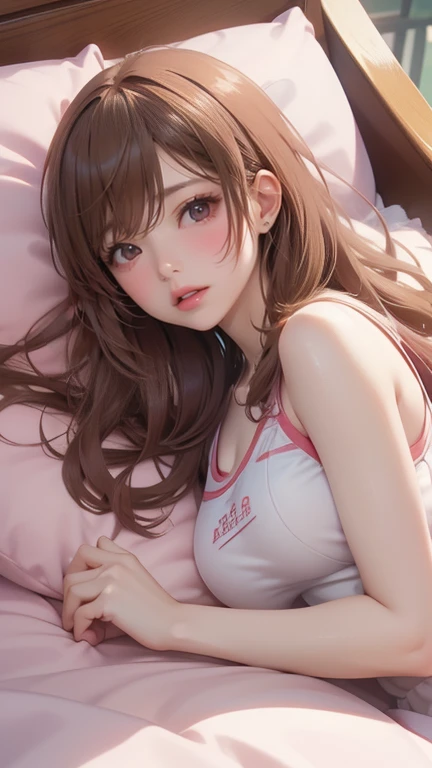 (Highest quality, Realistic:1.2), girl,whole body,Are sleeping,Eyes closed,Lying on your back, Perfectly parted lips, Delicate blush, On the bed,,Enchanting room,, The cleavage is open,Butt,Long brown hair，3-piece bra,Light blue underwear,sexy
