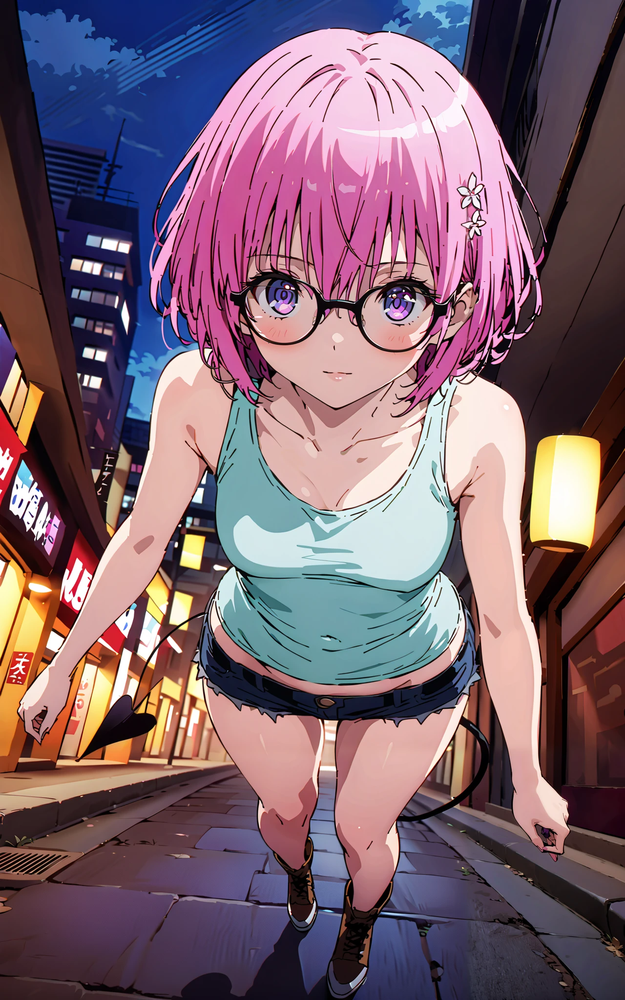 モモデbuildingケ, モモ・デbuildingーク, demon Tail, Hair Flower, hair ornaments close to the garden, purple eyes, pink hair, short hair, Medium breast,胸の谷間,Tail,riders jacket,tank top outside of anime,Underbomb,belly button sticking,Bare legs,denim micro shorts,glasses,shoes, Short Boots,standing,building,Nōn,night,full bodyがイラストに入るように,
break outdoors, Metropolis,
break looking at viewer,full body,
break (masterpiece:1.2),Highest quality , kampala, Unity 8K Wallpaper ,(shape:0.8),( fine, beautiful eyes :1.6),It's a person ,full body写真,CG Details , (perfect hands, complete anatomy),