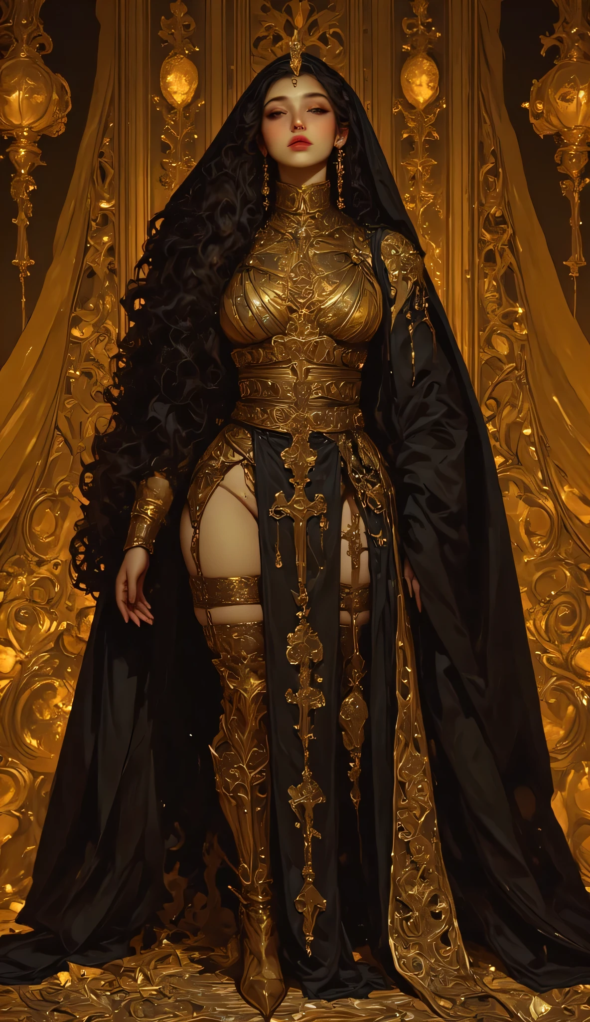 (masterpiece),(Highest quality),(Super detailed),(Ultra-high resolution),(Best illustrations),8k.
Middle aged,iraqi woman,black hair,thick and plump lips,golden jewelry,see through face veil,luxurious golden lingerie.
In an ancient luxurious temple,dynamic lights,shiny,glitter,glamour.