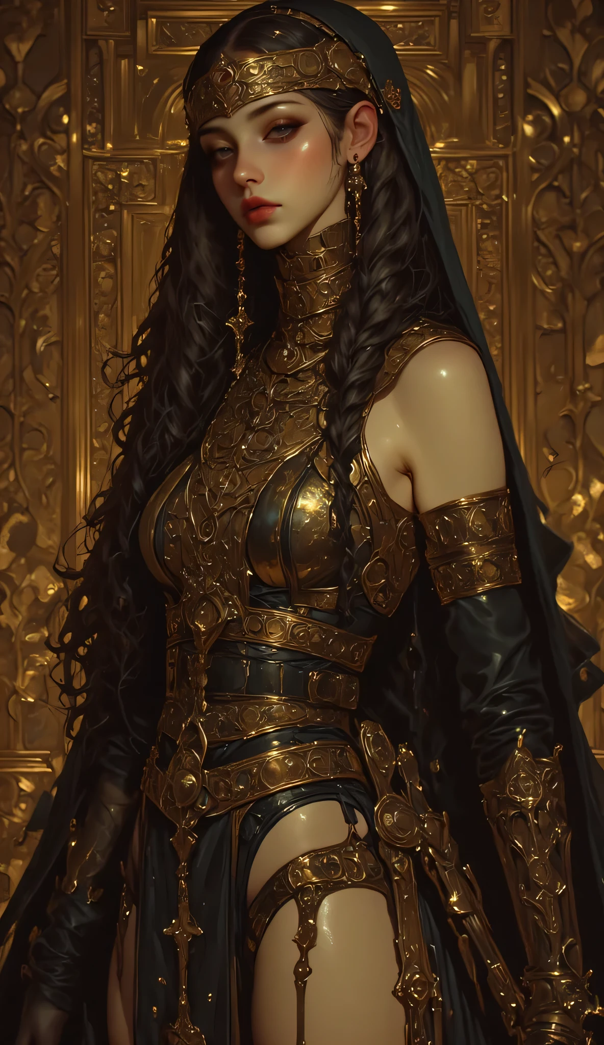 (masterpiece),(Highest quality),(Super detailed),(Ultra-high resolution),(Best illustrations),32k.
Middle aged,iraqi woman,black slick hair,golden jewelry,see through arabic face veil,black silk bra,black silk thong.
In an ancient luxurious temple,dynamic lights,shiny,glitter,glamour.