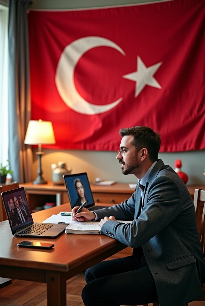 Man with short straight black hair and woman middle dark brown straight hair are sitting with no faces are seen in the back. They are youtubers. Maybe turkey flag and korea flag can be used 