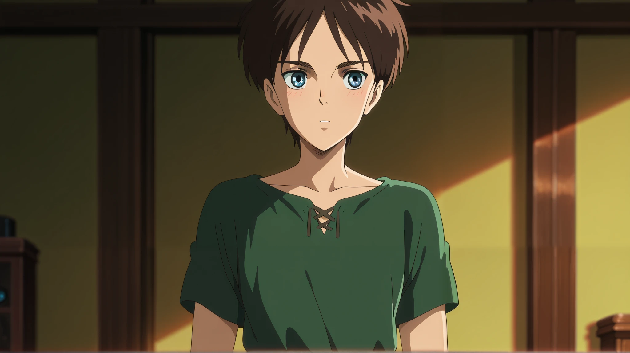 ghibli_style, masterpiece, best quality, , anime screencap, , official style, , depth of field, 1boy, solo, male focus, eren_yeager_s4, brown hair, blue eyes, short hair, Green T-shirt, ,,cowboy shot, upper body