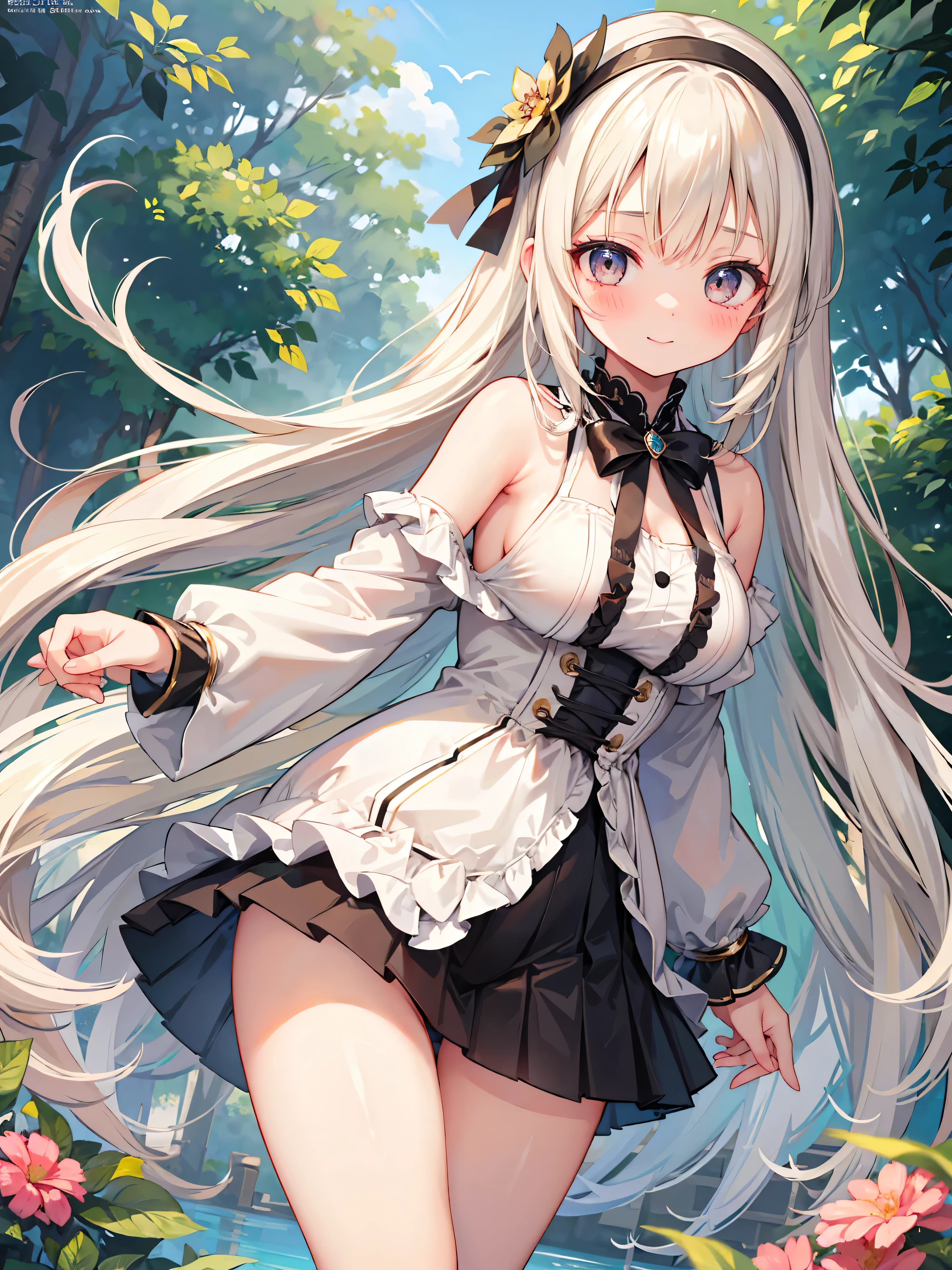 Highly detailed, high quality, masterpiece, beautiful, (all photo shooting), girl student girl, perfect eyes, light brown eyes, clear eyes, blushing face, happy face, dancing, big thighs, medium breast, long hair, white hair, with bracelet in hand, bow in hair, flower headband, with sexy medieval costume, with black stockings, short mini skirt, full thong show, sexy, background image in a botanical garden