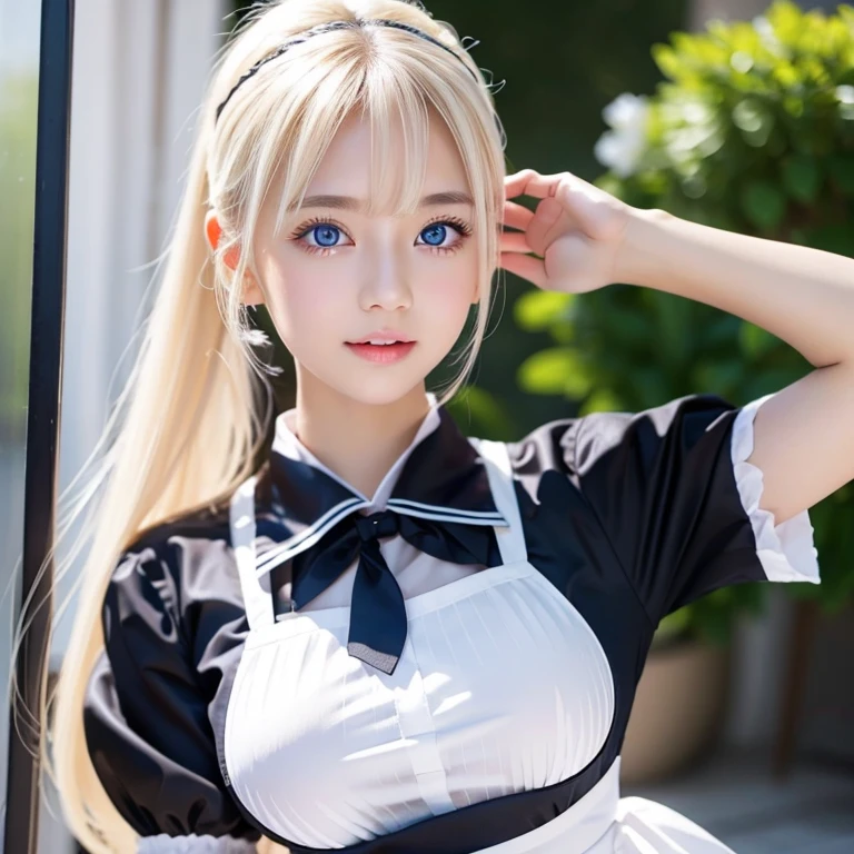 Sexy Big 、A cute 16-year-old girl with a sexy and cute look, beautiful and sexy face、A strong wind blows my hair in front of my face、With straight blonde hair、beautiful, Cute and sexy eyes hidden behind long bangs、Sexy maid outfit
