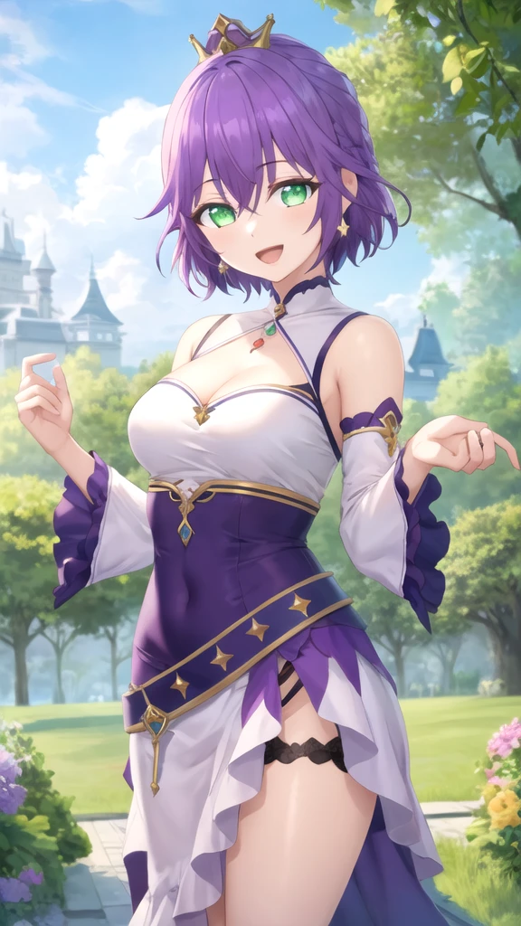 (best quality,4k,8k,highres,masterpiece:1.2),ultra-detailed,(realistic,photorealistic,photo-realistic:1.37),Hoshizora Rin,yellow eyes, orange hair, solo,strapless leotard,big breasts,beautiful detailed eyes, arms behind back,extremely detailed eyes and face,longeyelashes,pink blush,looking at viewer,body proportions,cute expression,standing pose,sexy smile,soft colors,feminine,charming,wisteria flowers,cape,glowing light,flower petals, breezy environment,Lovely,HDR,UHD,vivid colors