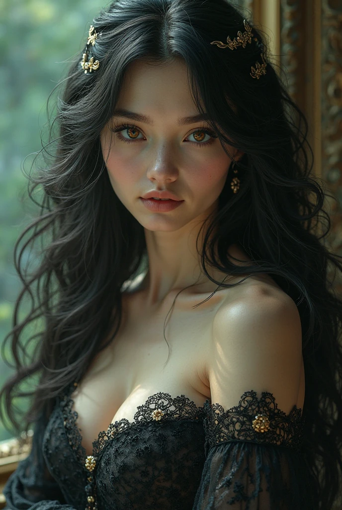 Girl with long hair, black in color, blue colored eyes. with big breasts, slim with hips and ass, no belly. Country-style dress, realist